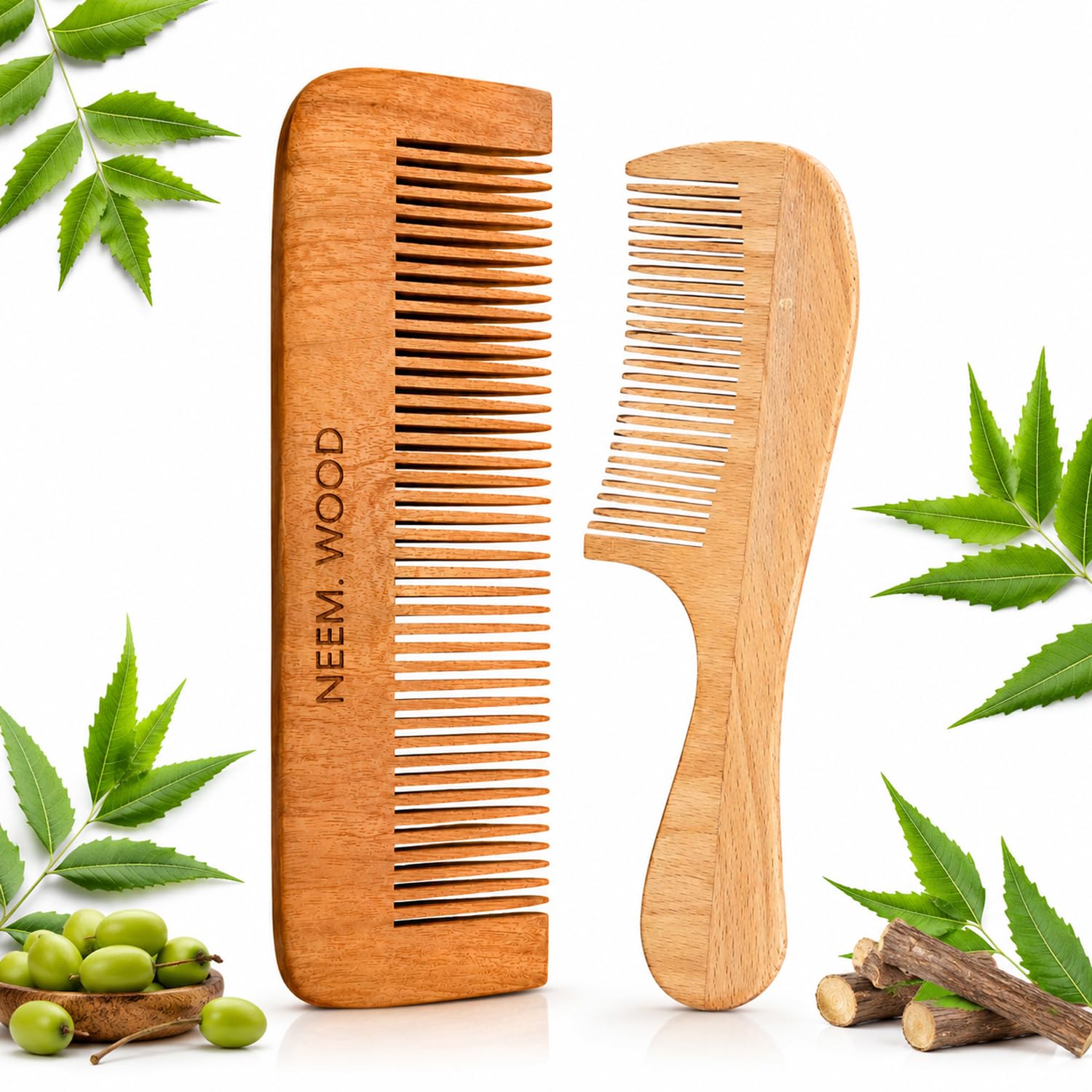 gitgrnth natural neem wood comb set of 2 for women & men, handcrafted anti static wooden hair comb for hair detangling, eco friendly fine neem wood comb for frizz control & hair breakage prevention
