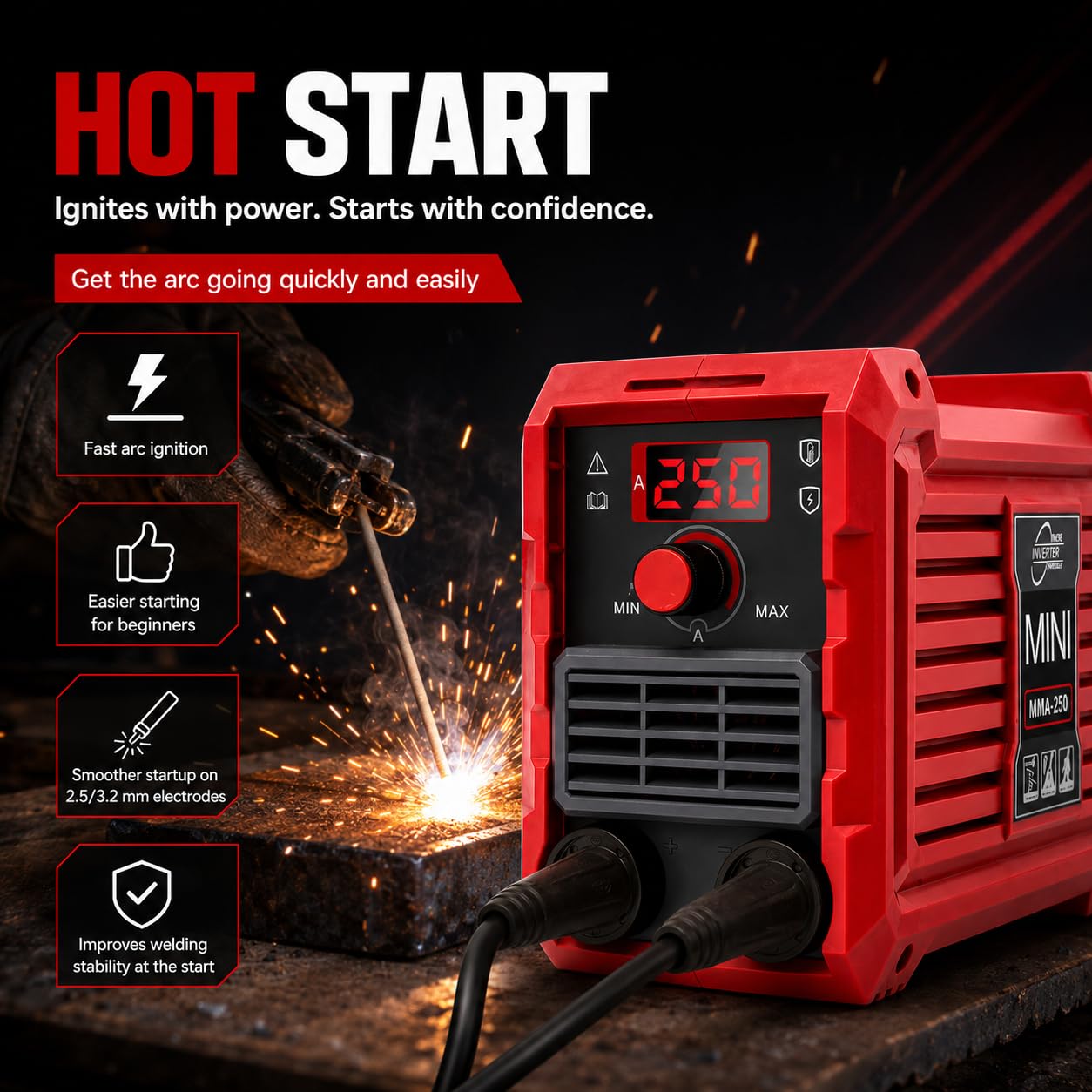 Maquina De Soldar Electrodo Portátil, 220V 250A MMA Mini Soldador Inverter ARC IGBT Digital Soldadora Portatil Compacta Grupo De Soldar Con Hot Start, Anti-Stick, Pantalla Led Para Bricolaje
