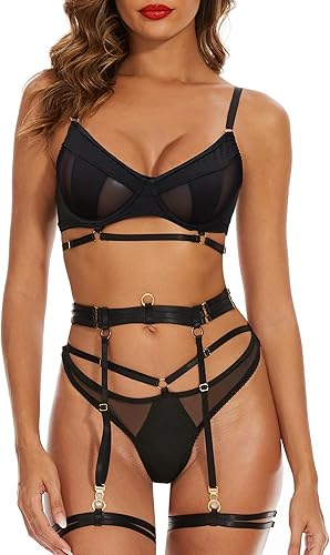Lencería con tiras para mujer, conjunto de lencería sexy para mujer con encaje negro con liguero, ropa interior