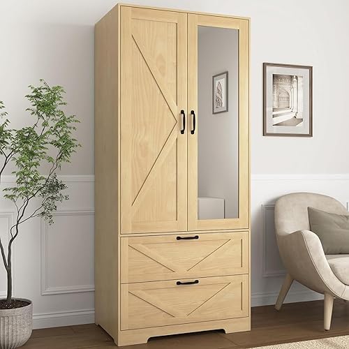 Miniatura 11 de Armario Armario con puerta de espejo, 3 puertas, Armario de dormitorio de granja con cajones y estantes ajustables, Armario de madera con barra para