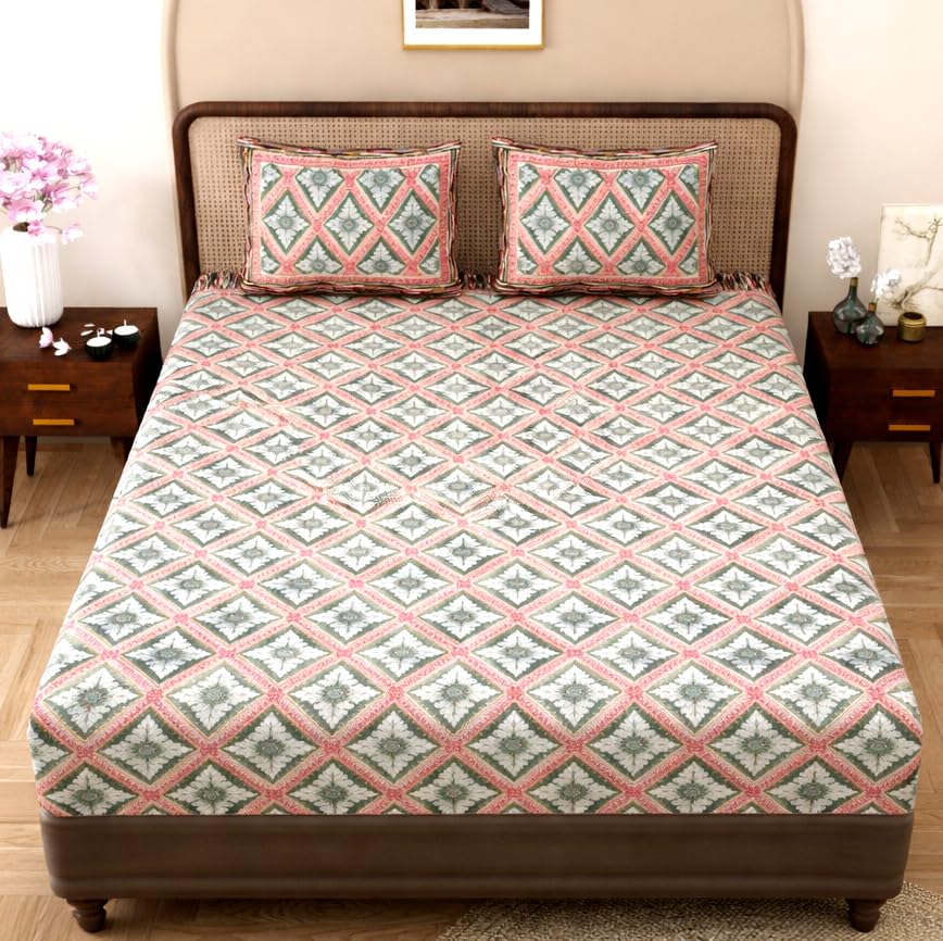Image of RajasthaniKart Pure Cotton 240 TC Printed Double /King Bed Elastic Fitted Bedsheet with 2 Pillow Covers - All Around Elastic | 72 inchx78 inch|72 inchx72 inch|Fits Up to 8 inch Mattress|104