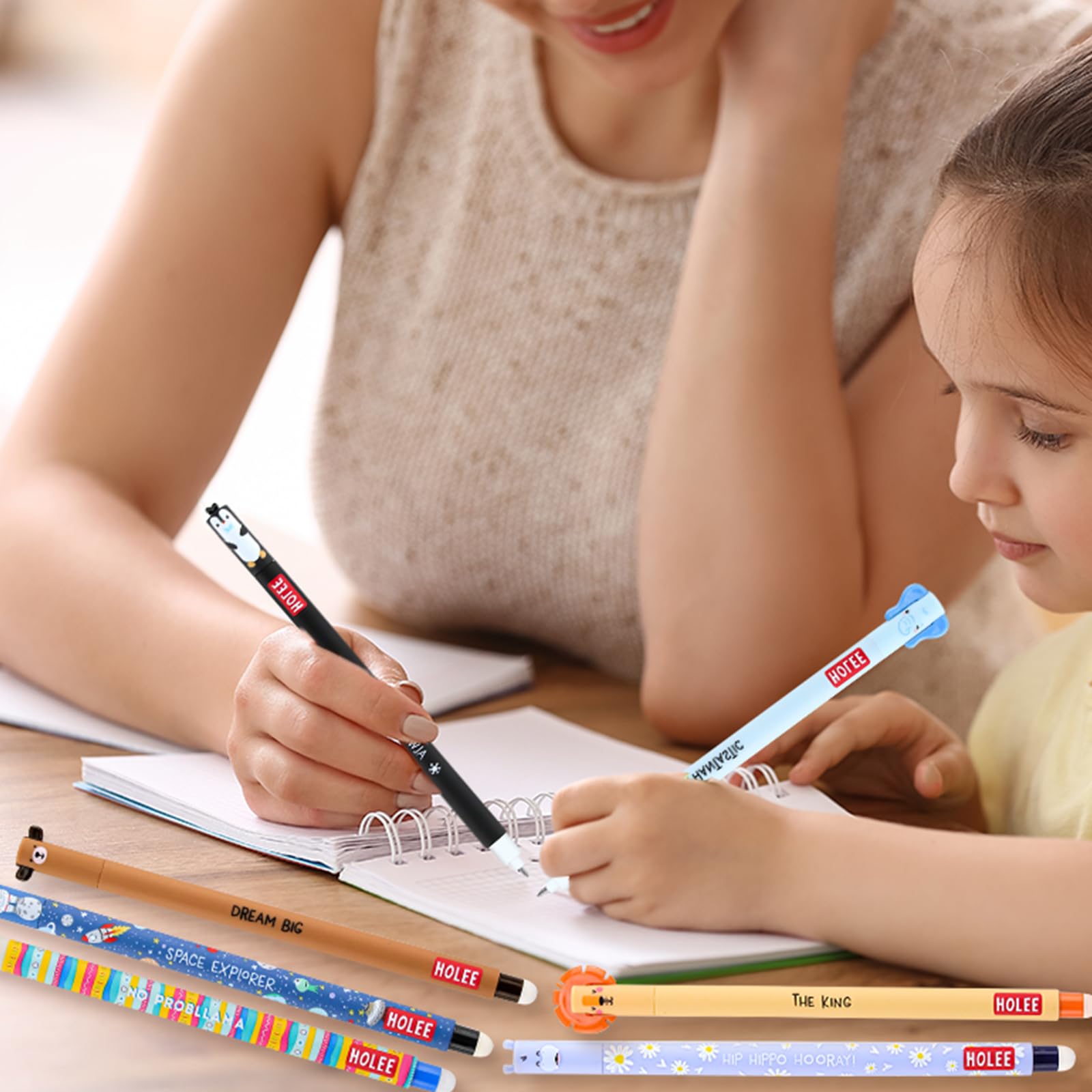 Paquete de 10 bolígrafos de gel borrables, bolígrafos borrables con diseño de animales de 0,7 mm, tinta azul, escritura suave, bolígrafos de tinta de gel reescribibles para escuela y oficina
