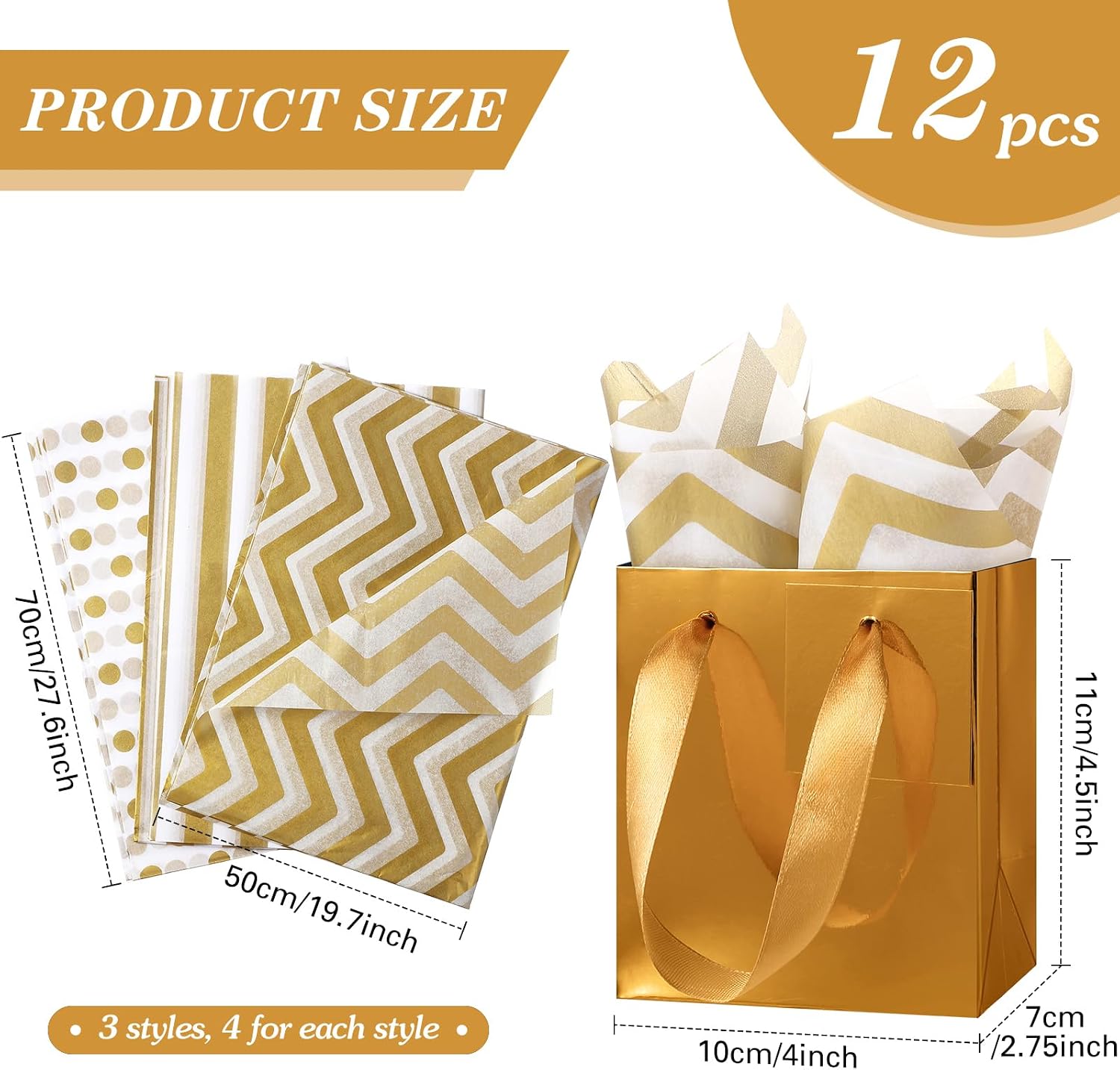 Tenare 12 Pcs Small Gift Bags Mini Paper Bags Bulk Tiny with Handle Tissue for Jewelry Gift Wrapping Summer Birthday Baby Shower Back to School Party Supply(4 * 2.75 * 4.5inch,Gold)