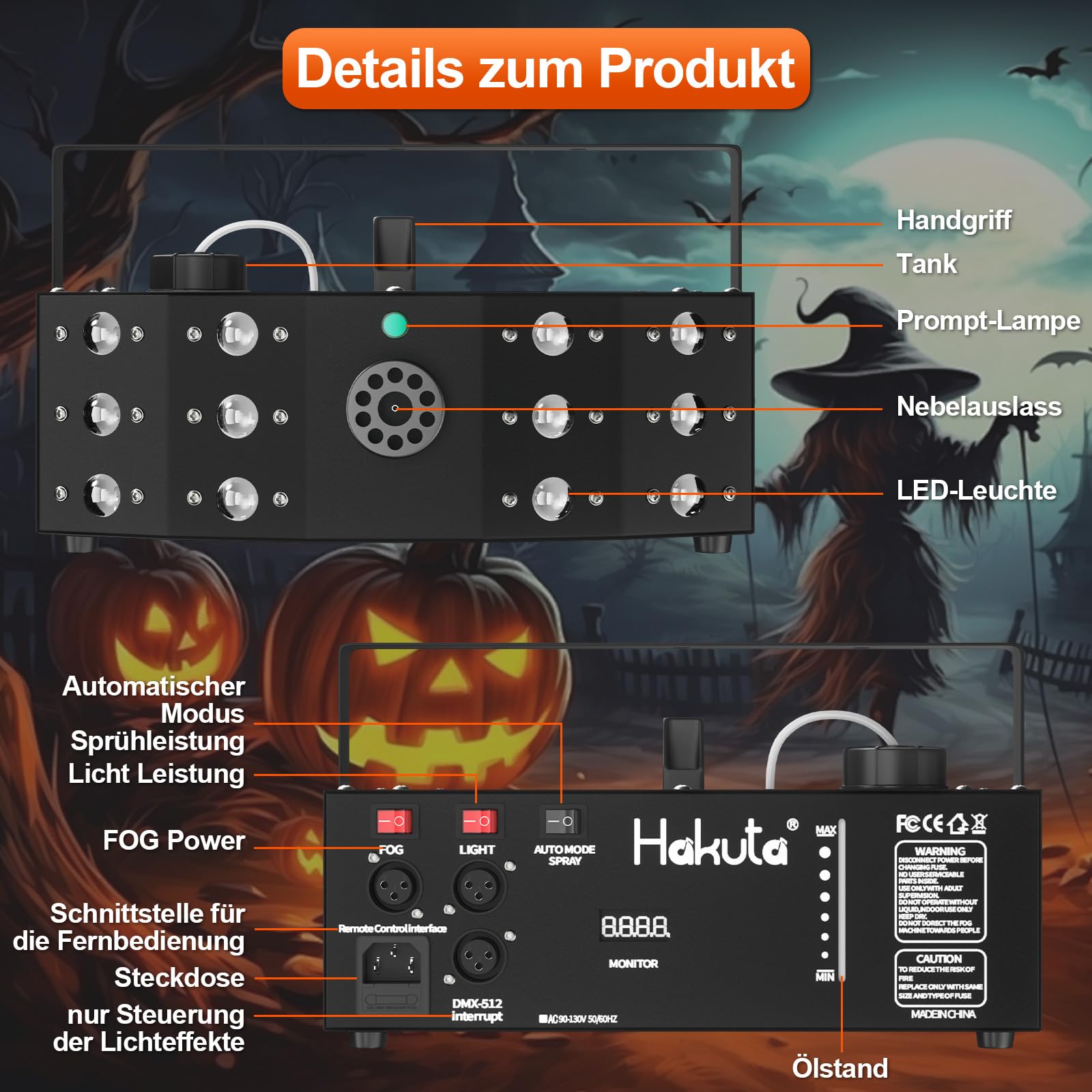 Hakuta Nebelmaschine, DMX Lichtstrahlen Rauchmaschine mit 12 LED bunten Lichtsteuerung & manuelle Steuerung & Fernbedienung Perfekt für Indoor Outdoor Hochzeit, Halloween, Party und Bühneneffekt