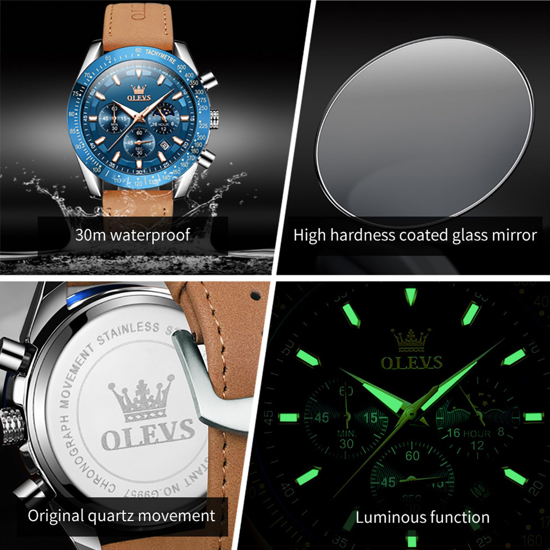 OLEVS Orologio da uomo al quarzo multifunzionale cronografo marrone cinturino in pelle impermeabile sport luce notturna moda calendario simulazione orologio, 9957- Rosa Shell Blue Face, Moderno