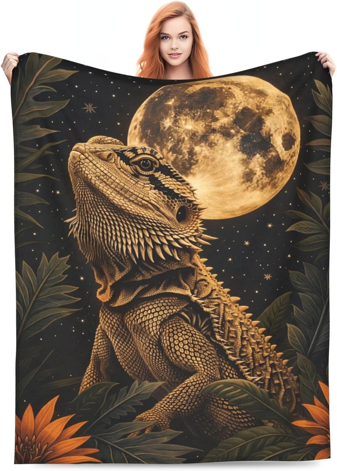 Bearded Dragon Blanket, Gifts for Women, Full Moon Reptile Art Soft Lightweight Throw Blankets for Kids Girls, Travel Bed Living Room Decor, 60x80in