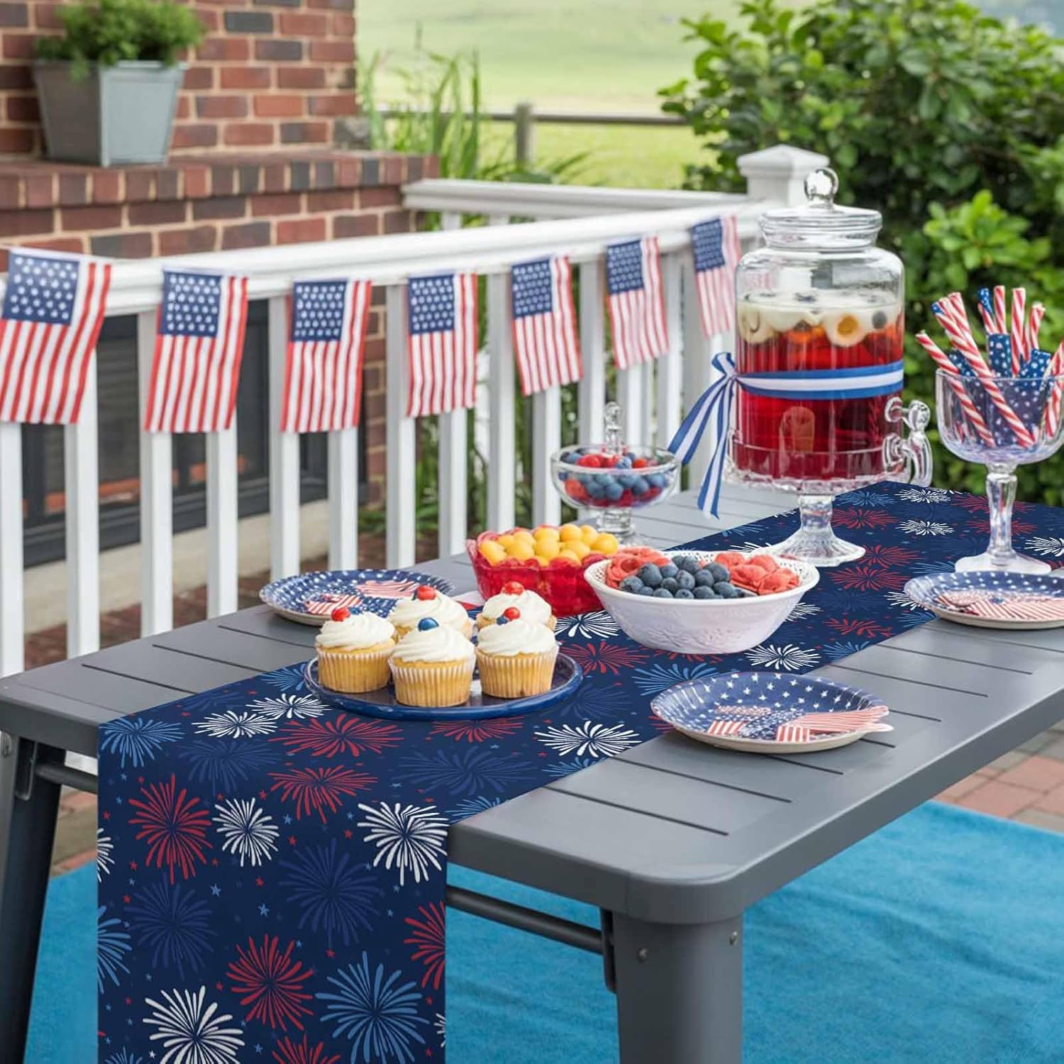 July 4th Table Runner Cotton Linen Fireworks Celebration Patriotic Americana Stars Party Holiday Tablecloth Decorations for Kitchen,Home ,Dining,Outdoor,Extra Long 13X120 Inches Red, White and Blue