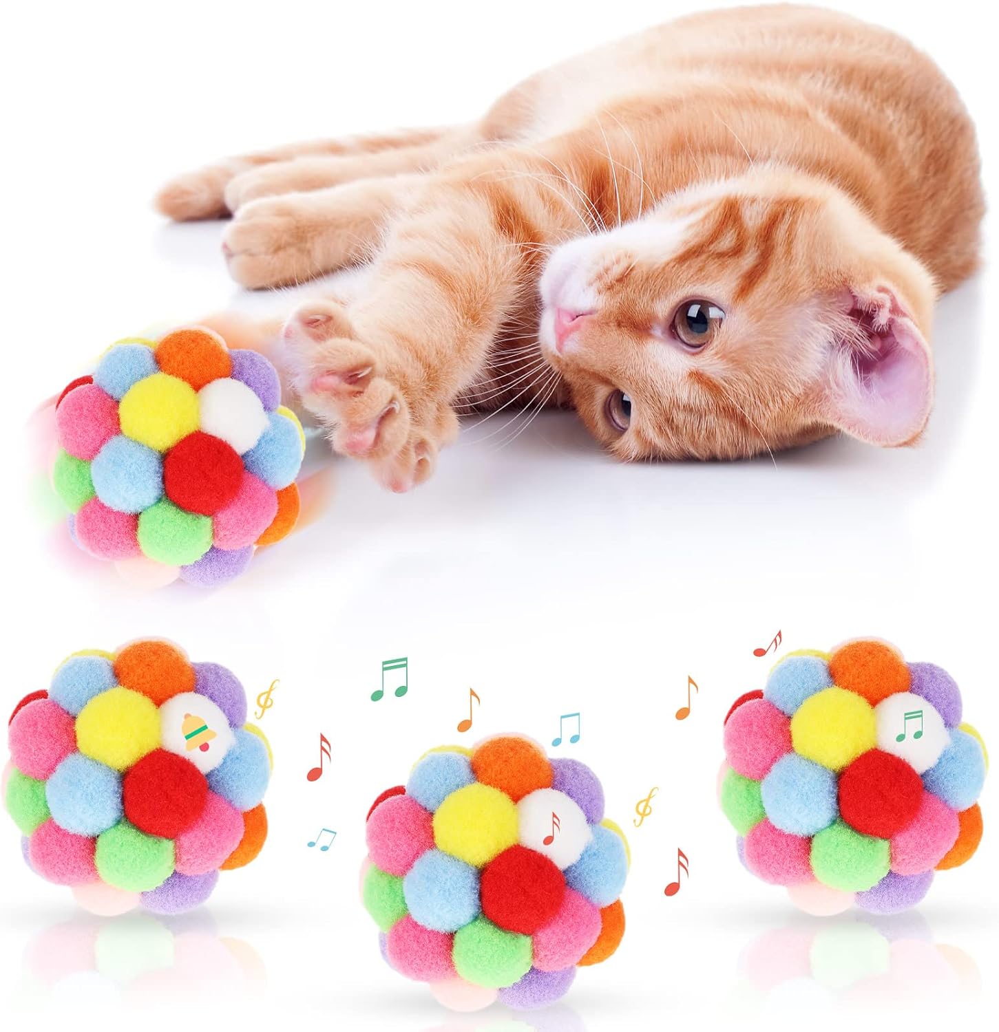 4 Pieces Cat Toy Balls Colorful Plush Balls Built-in Bell Kitten Toys Pompom Ball Cat Toys Interactive Chewing Training Teaser Cat Toy…