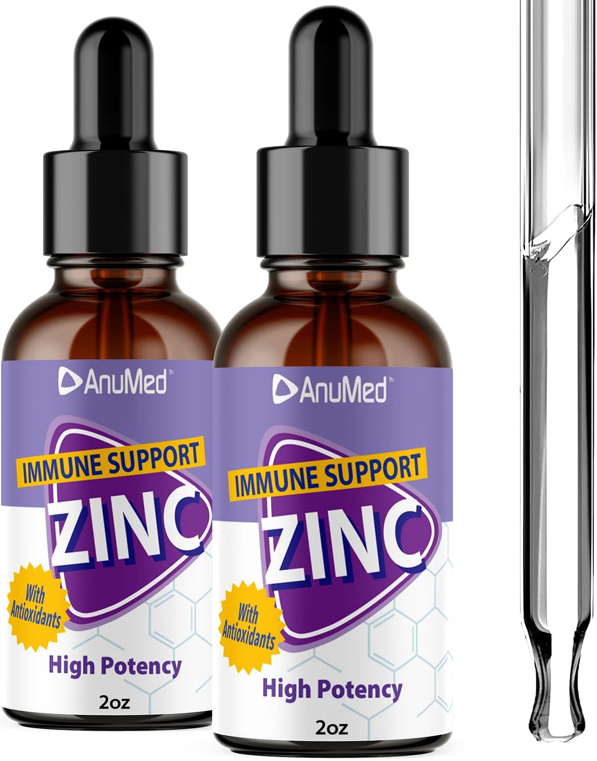 Anumed - Natural Zinc Gluconate 15mg Liquid Drops. Promotes Immune System, Brain, Memory, Digestive, Hair, Nails, Skin Growth. 100% Vegan, Non-GMO, No Sugar Added for Adults & Kids (2 Packs) of 2oz