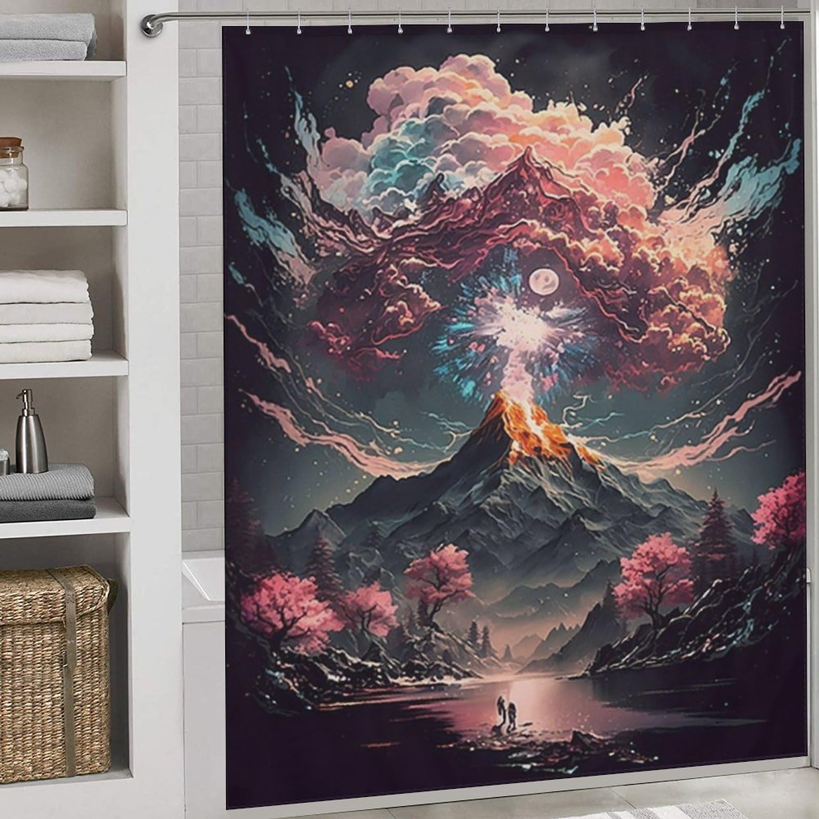 Rideau de douche cerisier japonais 183x183 cm en tissu imperméable avec 12 crochets