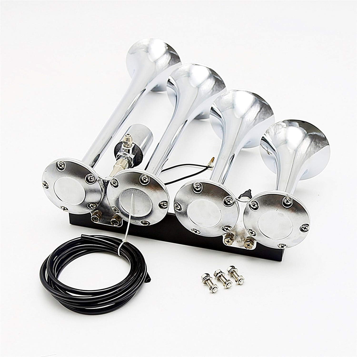 Four Tube Silver Car Horn - Electromagnetic Electric Horn Solenoid Control Air Horn Waterproof Whistle 12V 175DB Loud Motor Car Sound Valve for Vehicles, Trucks, Trains, Boats, Lorries, Vans