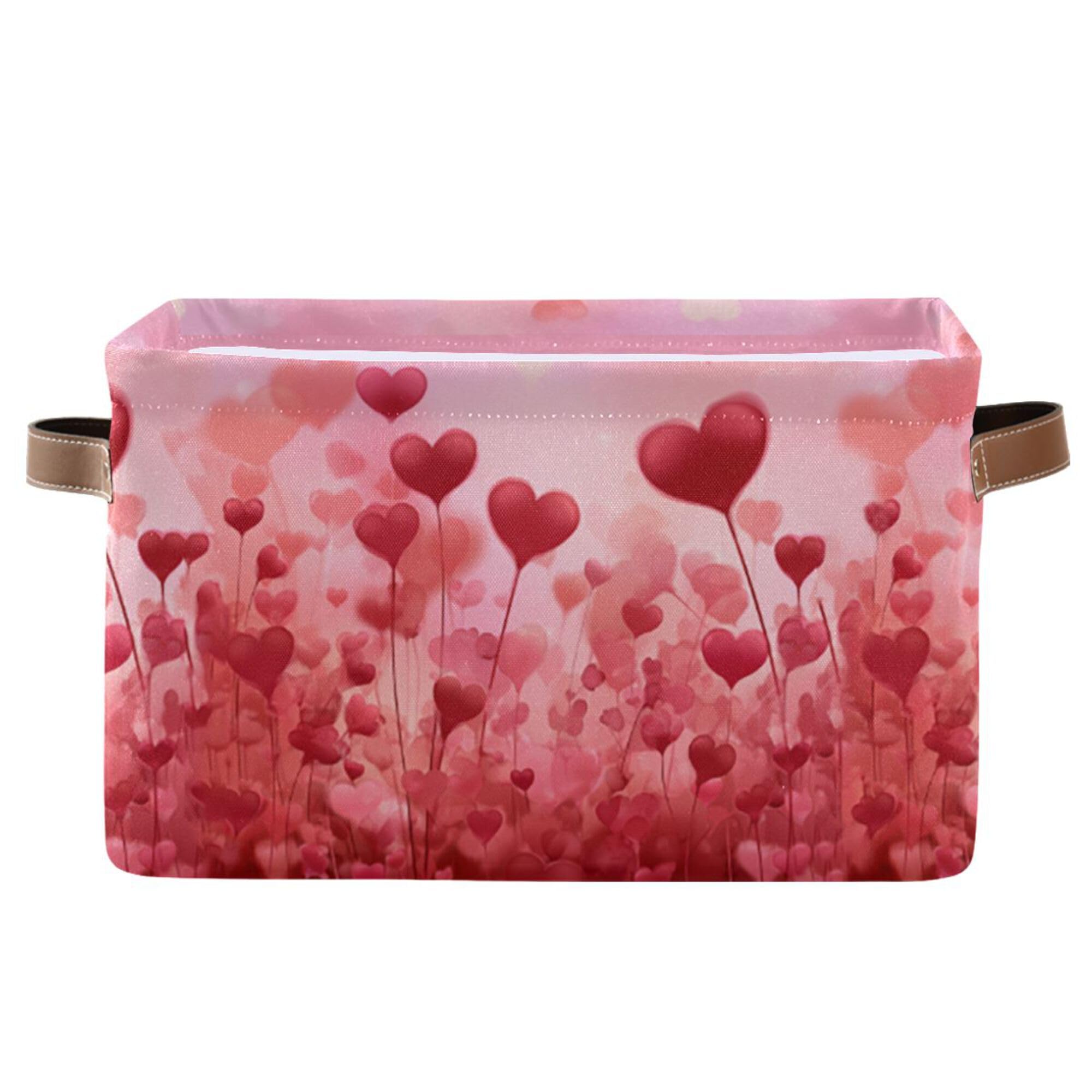 Wamika Happy Valentine’s Day Pink Storage Basket with Waterproof Liner and PU Handles Love Trees Heart Flowers Red Storage Boxes 14.2" Collapsible Decorative Baskets for Bedroom Closet Office 1 Pack