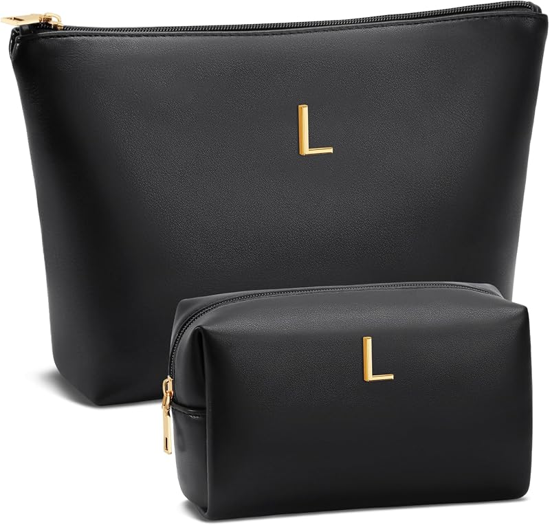 Necessaire de maquiagem para viagem CLOUDWINGS com inicial personalizada, PU, preta, tamanho L
