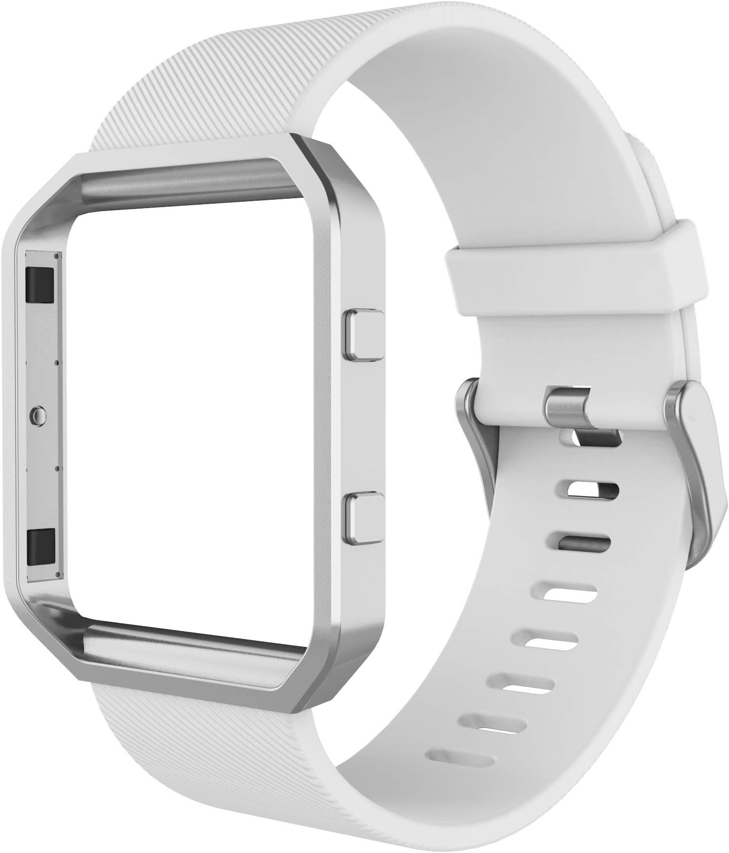 Sport Band Compatible with Fitbit Blaze Smartwatch Sport Fitness, Silicone Wrist Band with Meatl Frame Replacement for Fitbit Blaze Men Women, Small, White Band+Silver Frame