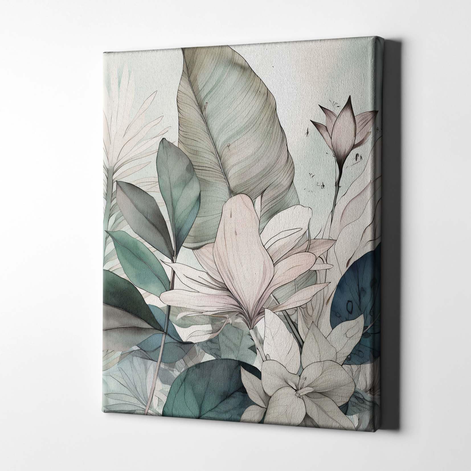 Spiffing Prints Whispering Botanicals No.4 – Impression botanique avec feuilles vertes et fleurs blush – Grand format – Encadré