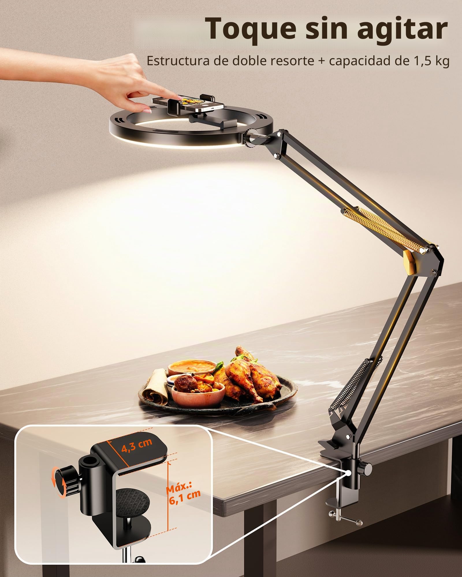 LUXSURE Aro de Luz con Tripode, Ring Light con Función Bluetooth, 10'' Anillo de Luz Aro de Luz con Brazo de Soporte Resistente y Soporte para Teléfono para Grabar Videos, Cocina, Transmisión en Vivo