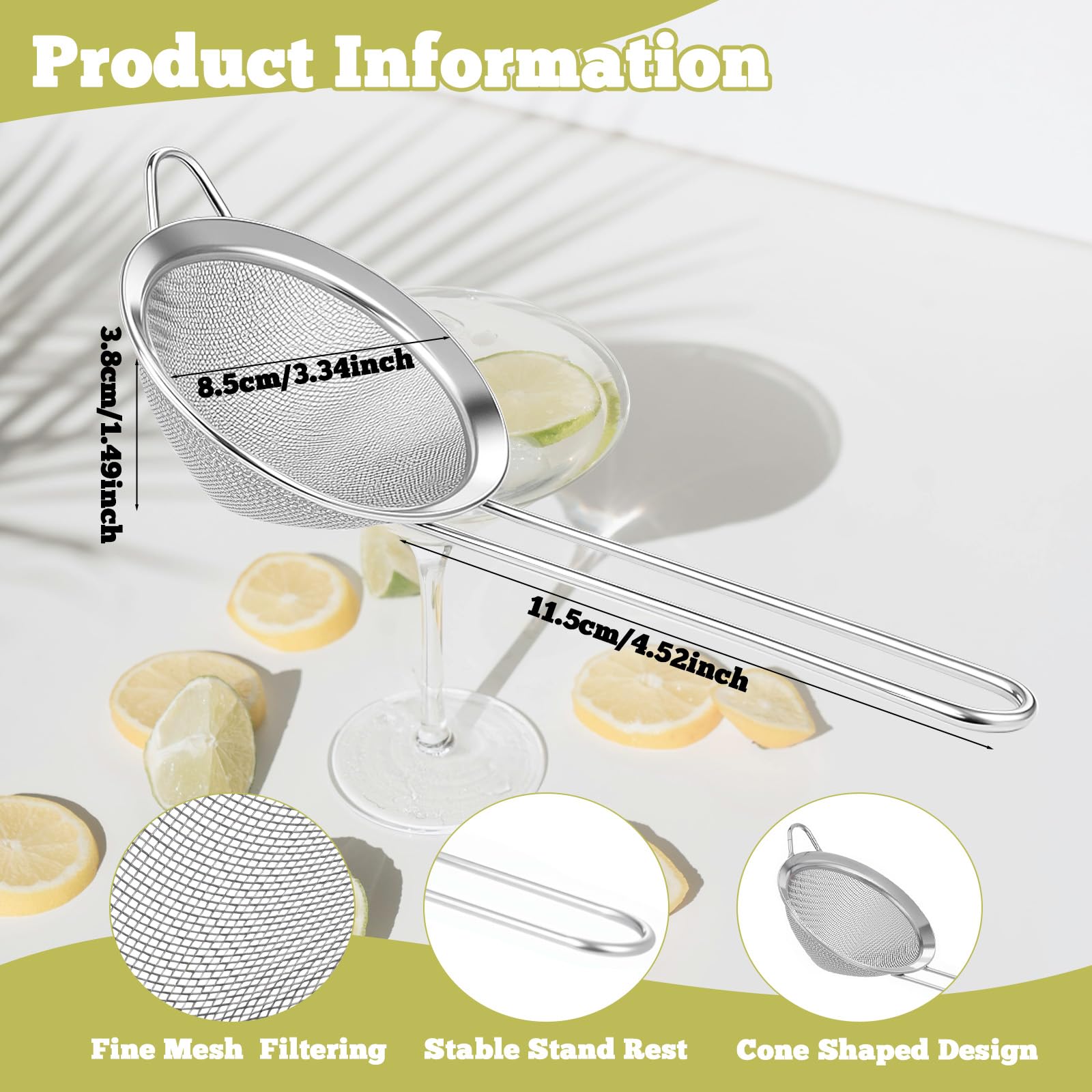 Confezione da 10 colini da cocktail in acciaio inox, 5 colini a forma di cono a maglia fine e 5 colini a 4 rebbi per bevande per barman succhi di frutta, tè, caffè