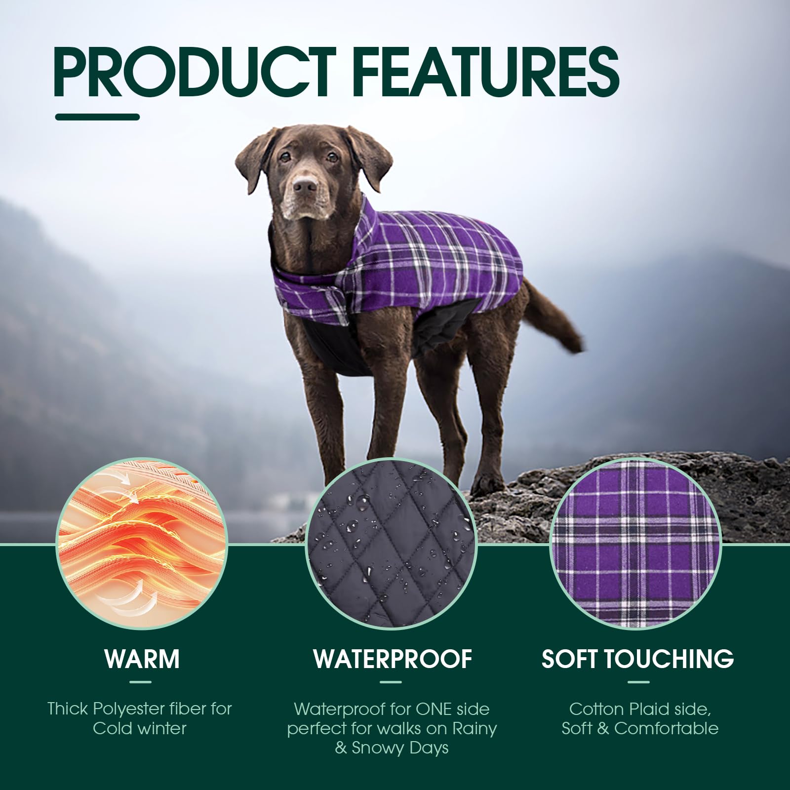 Kuoser Kuoser Waterproof Dog Coat, Reversible Dog Jacket for Large Dogs, Adjustable Durable Doggie Winter Coat for Groowing Puppies Warm Puppy Cold Weather Apparel, Purple XS in use