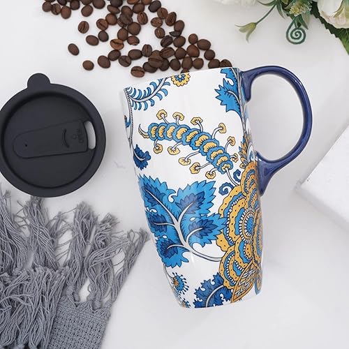 DUSVALLY Taza de café de cerámica para el hogar y la oficina, 17 oz. Tapa deslizante resistente a salpicaduras y asa, apta para lavavajillas y