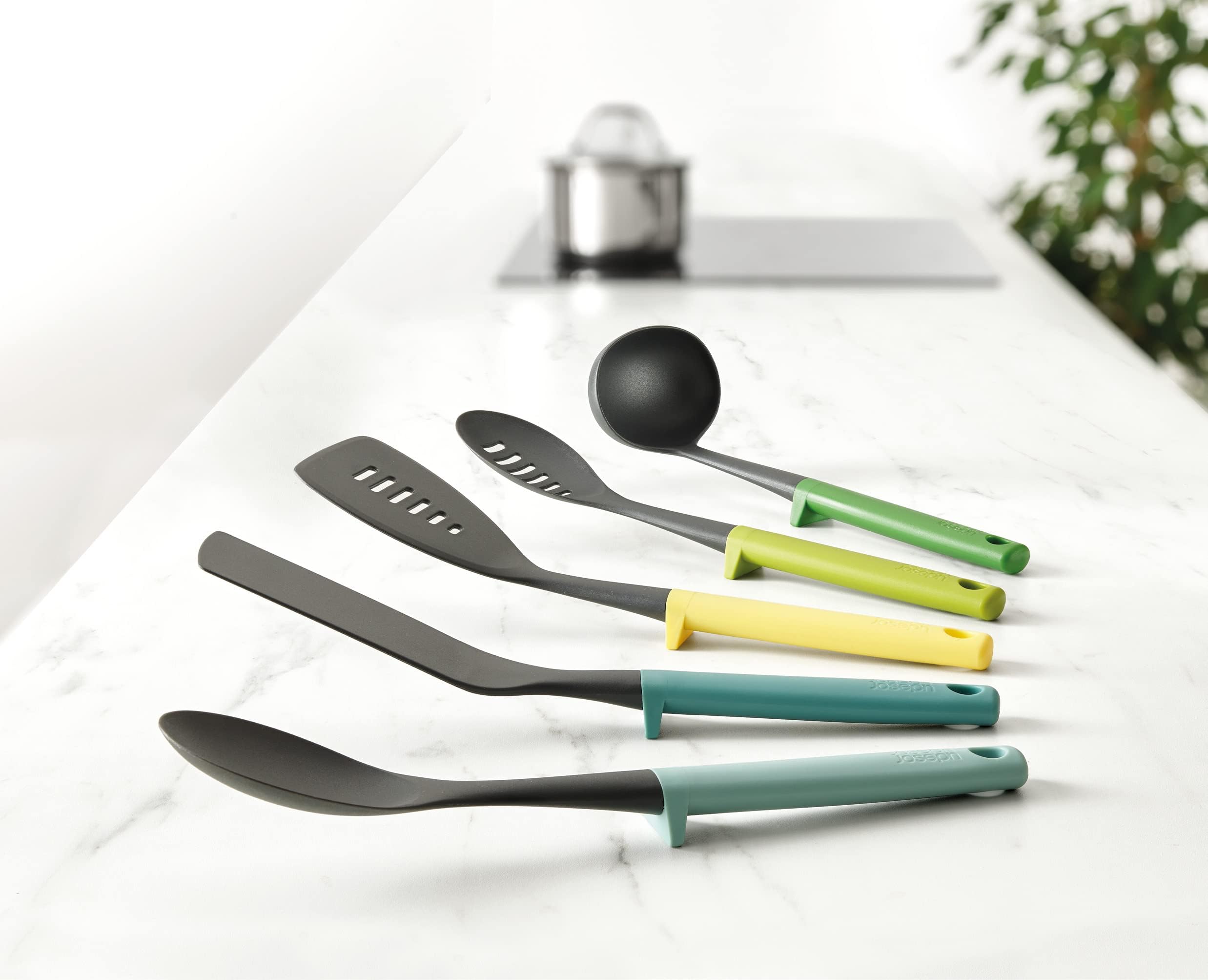 Duo 5-Piece Utensil Set with Integrated Tool Rests: Vibrant Set with Solid & Slotted Spoons, Turners, and Ladle, Hygienic Design, Heat-Resistant, Perfect for Hanging Storage