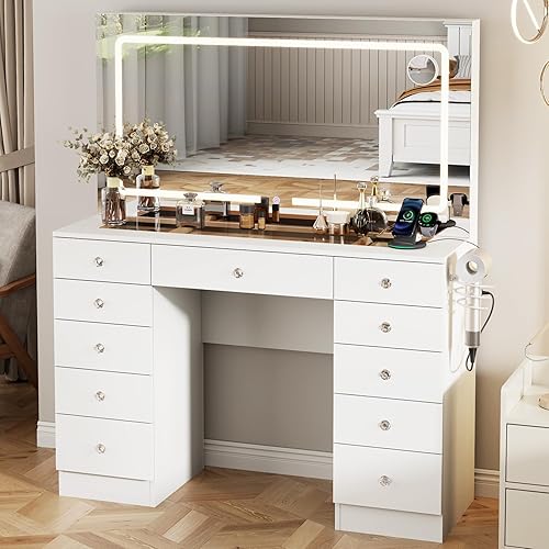 Vanity Desk with Mirror and Lights, 11 Drawers Makeup Vanity Desk with Tempered Glass top, 3 Lighting Modes Adjustable Brightness, White Vanity with Magnetic 5X Magnifier for Bedroom