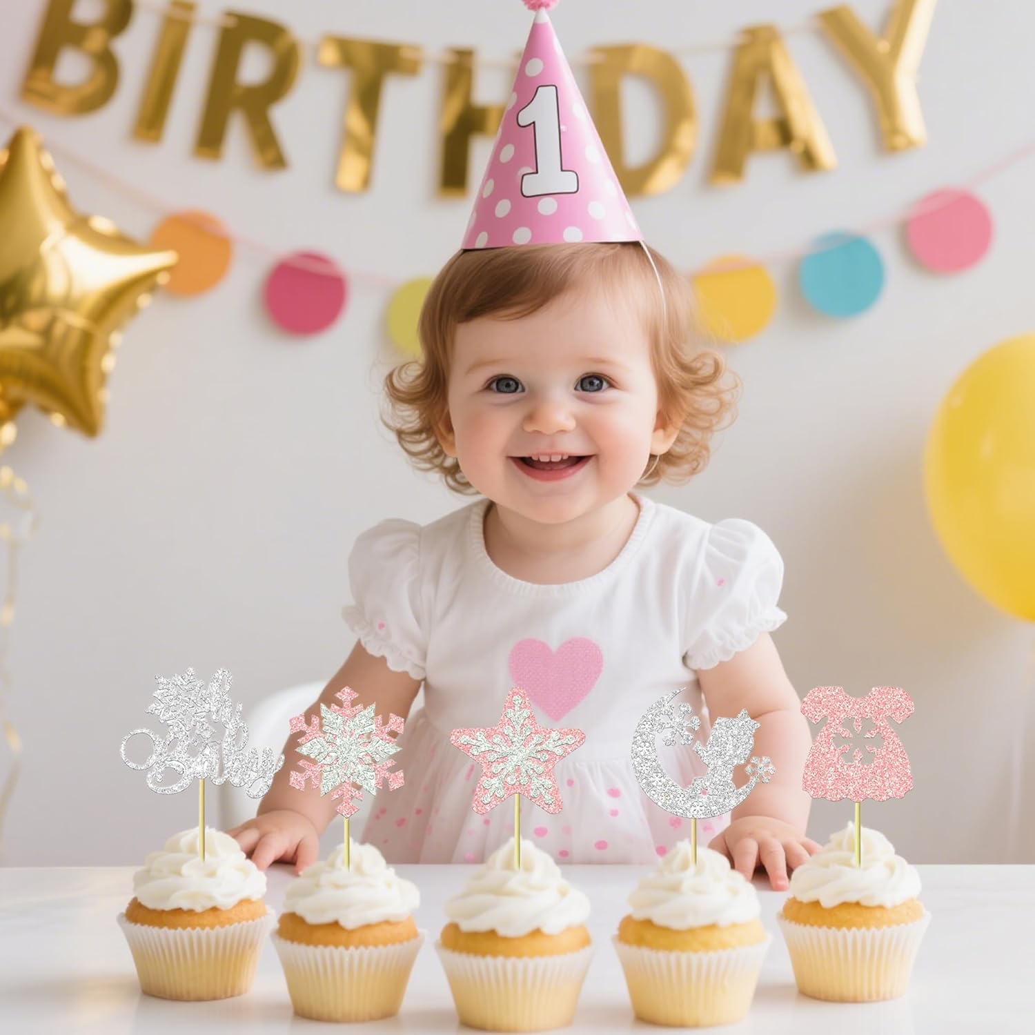 12 PCS Silver Pink oh baby Cupcake Toppers - Snowflake Themed Cupcake Decorations, Baby Shower, Gender Reveal, Children's Birthday Party Cupcake Decor - Image 2