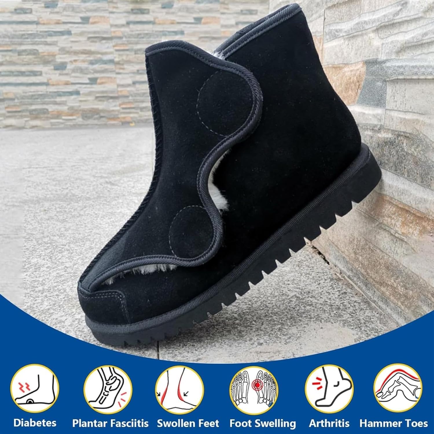 Women’s Extra Wide Adjustable Shoes, Fur Lined Warm Ankle Boots, Diabetic Footwear for Swollen Feet and Edema, Unisex Casual Walking Sneakers, Indoor Outdoor Comfort