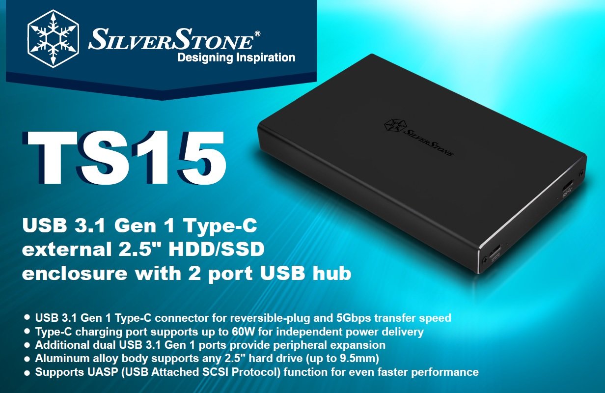 SilverStone SST-TS15B - Custodia per Hard Disk Drive USB 3.1 Tipo C per custodia da 9.5mm 2.5" SSD/HDD, Supporto UASP, alluminio, nero