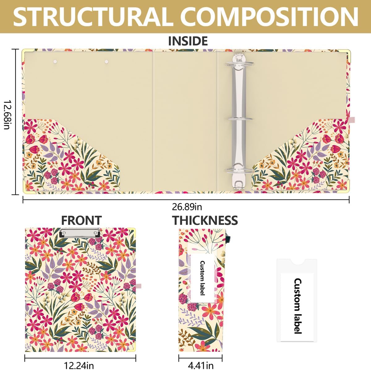 3 Ring Binder 3 Inch, Cute Decorative Hardcover Low Profile Clipboard with Storage, 3'' Round Ring Binders for Letter Size Paper, Durable Binder Organizer for School Office Supplies(Pink Floral)