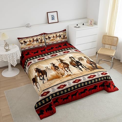 Miniatura 2 de Erosebridal - Juego de edredón con diseño de caballos rojo, juego de cama sudoccidental nativo azteca, inserto de edredón de animales occidentales,