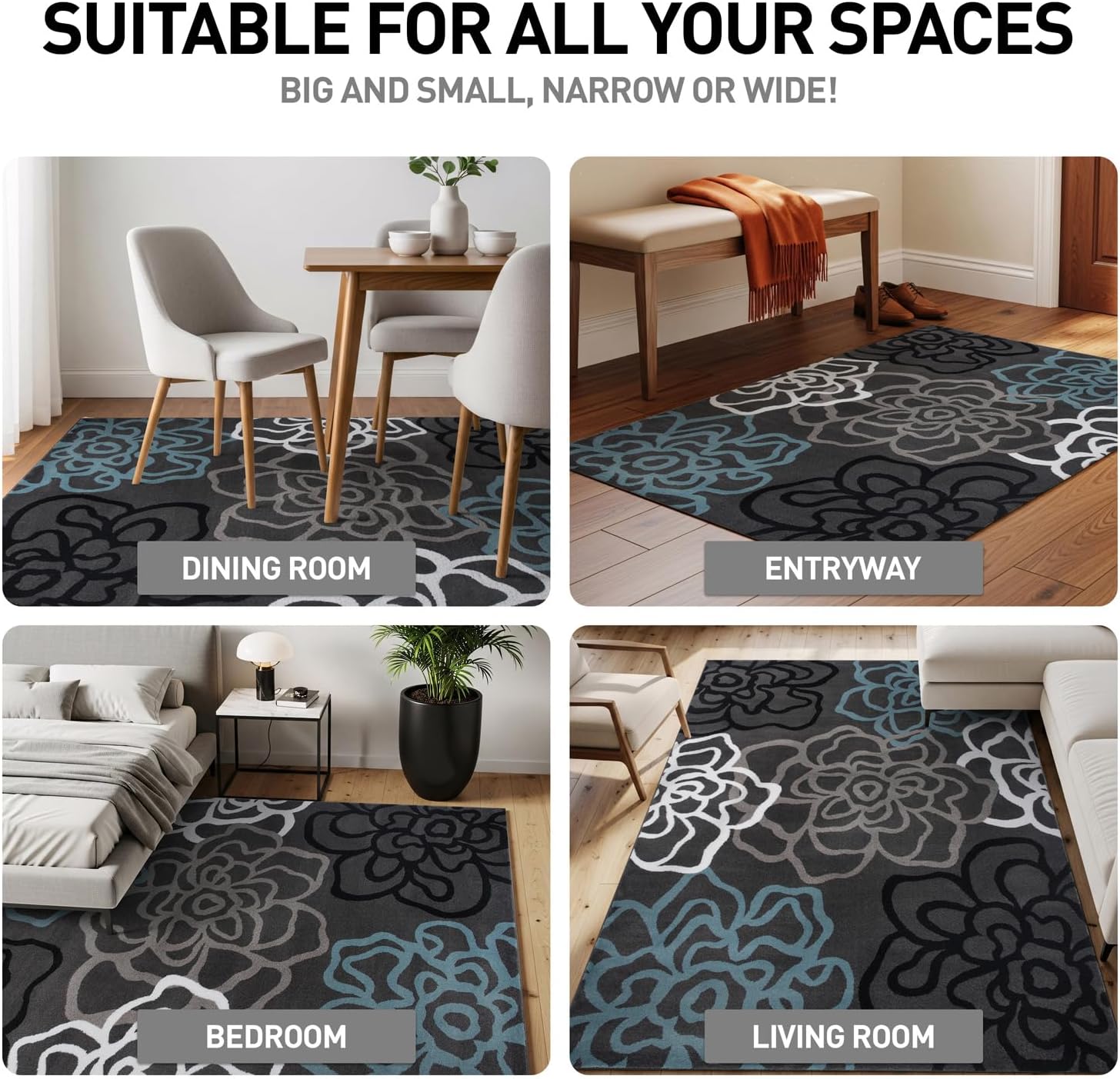 Rugshop Contemporary Modern Floral Abstract Flowers Easy Maintenance for Home Office, Living Room, Bedroom, Kitchen Soft Area Rug 2' x 3' Gray