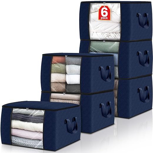Fab totes Storage Bags,Clothes Blanket Storage Bins Foldable Closet Organizers with Reinforced Handle for Home Dorm Storage and Organization,Fabric Bags for Organizing Sheets,Clothing (Blue,6 Pack)