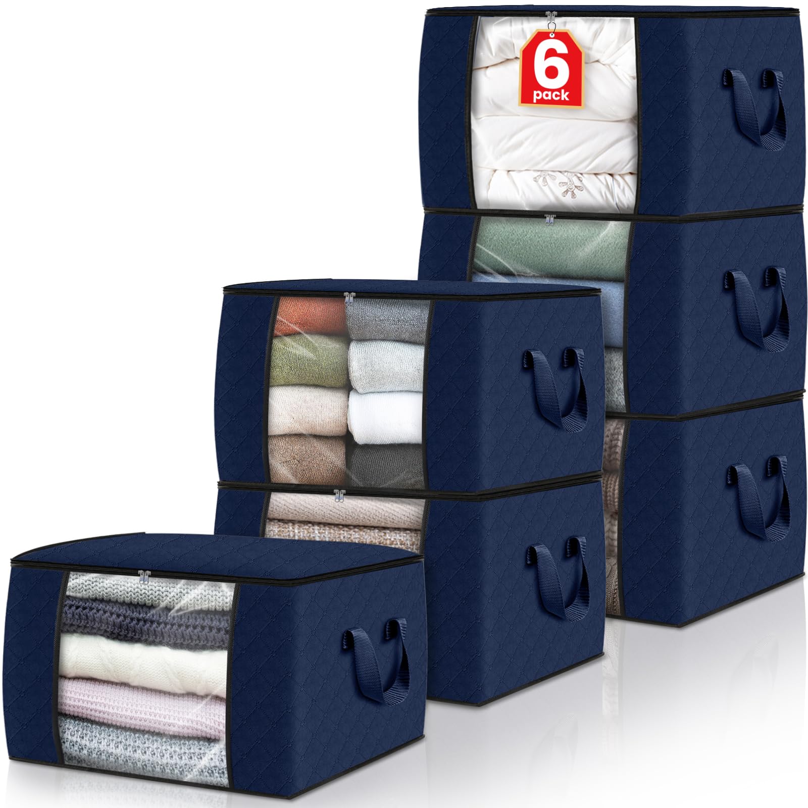 Fab totes 6 Pack Clothes Storage, Foldable Blanket Storage Bags, Storage Containers for Organizing Bedroom, Closet, Clothing, Comforter, Organization and Storage with Lids and Handle, Blue 6pack Blue