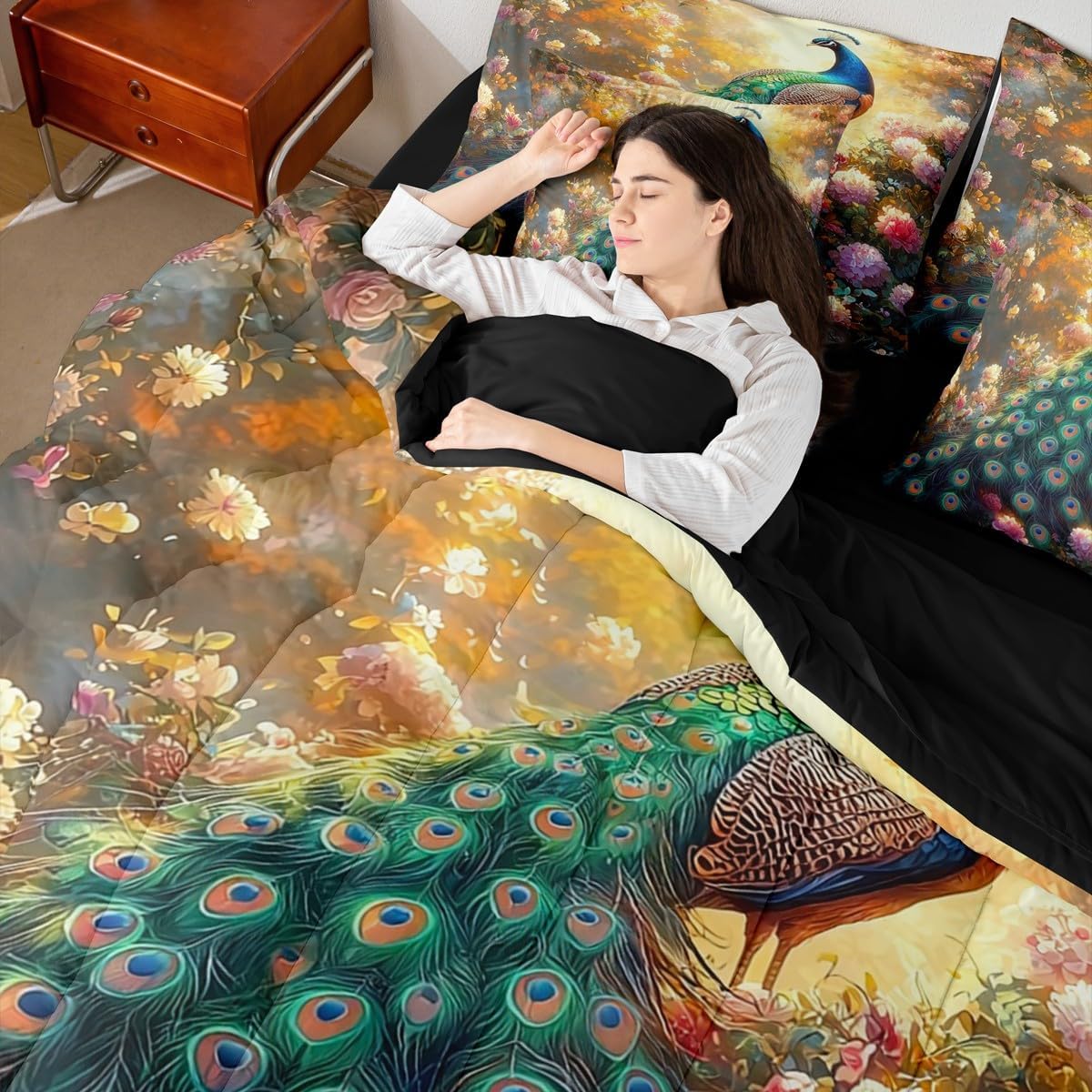 Erosebridal Floral Peacock Queen Comforter Set 7 Piece Garden Bird Animal Bedding Set for Kids Boys Girls,Luxuriant Teal Peacock Feather Bed in A Bag Flowers Plants Woodland Wildlife Bed Set
