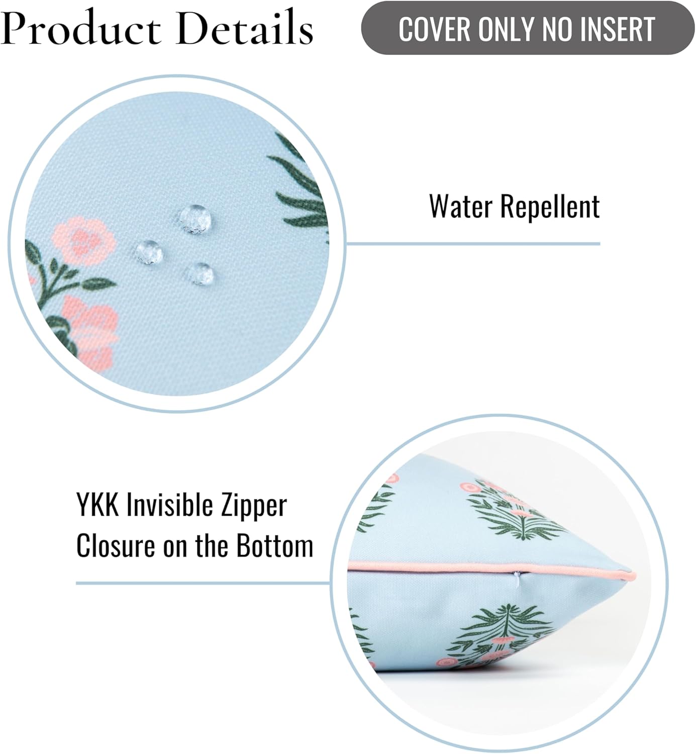 Hofdeco Premium Coastal Patio Indoor Outdoor Lumbar Pillow Cover Only, 12"x20" Water Repellent for Backyard, Couch, Baby Blue Blush Pink Floral with Piping