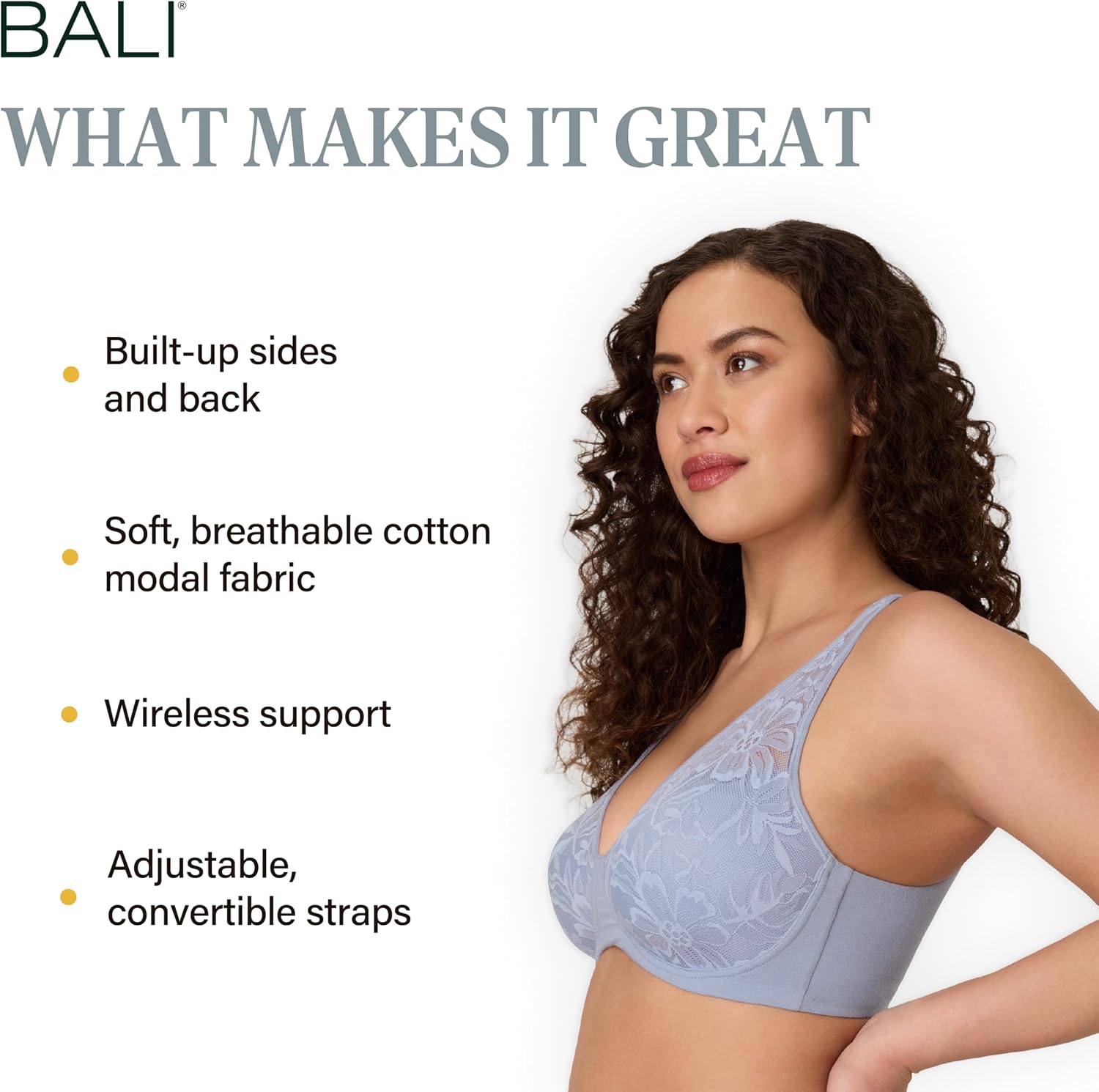 Bali Women's Wireless Bras for Women - Breathe Lace Cotton Modal No Underwire Bra, Adjustable T-Shirt, Plus Size