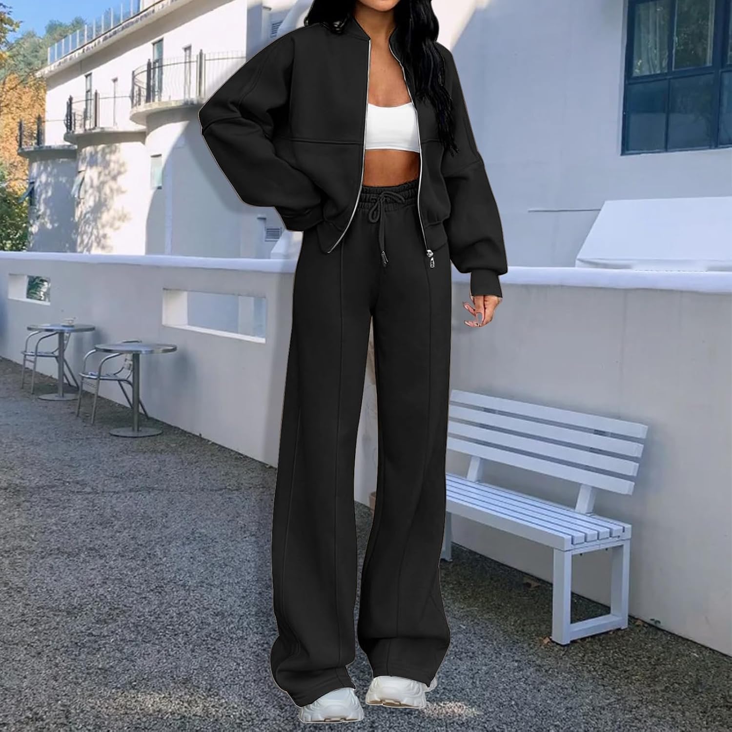 Women's 2 Piece Outfits Zip Up Long Sleeve Sweatshirt with Wide Leg Sweatpants Casual Tracksuit Lounge Sets Sweatsuits