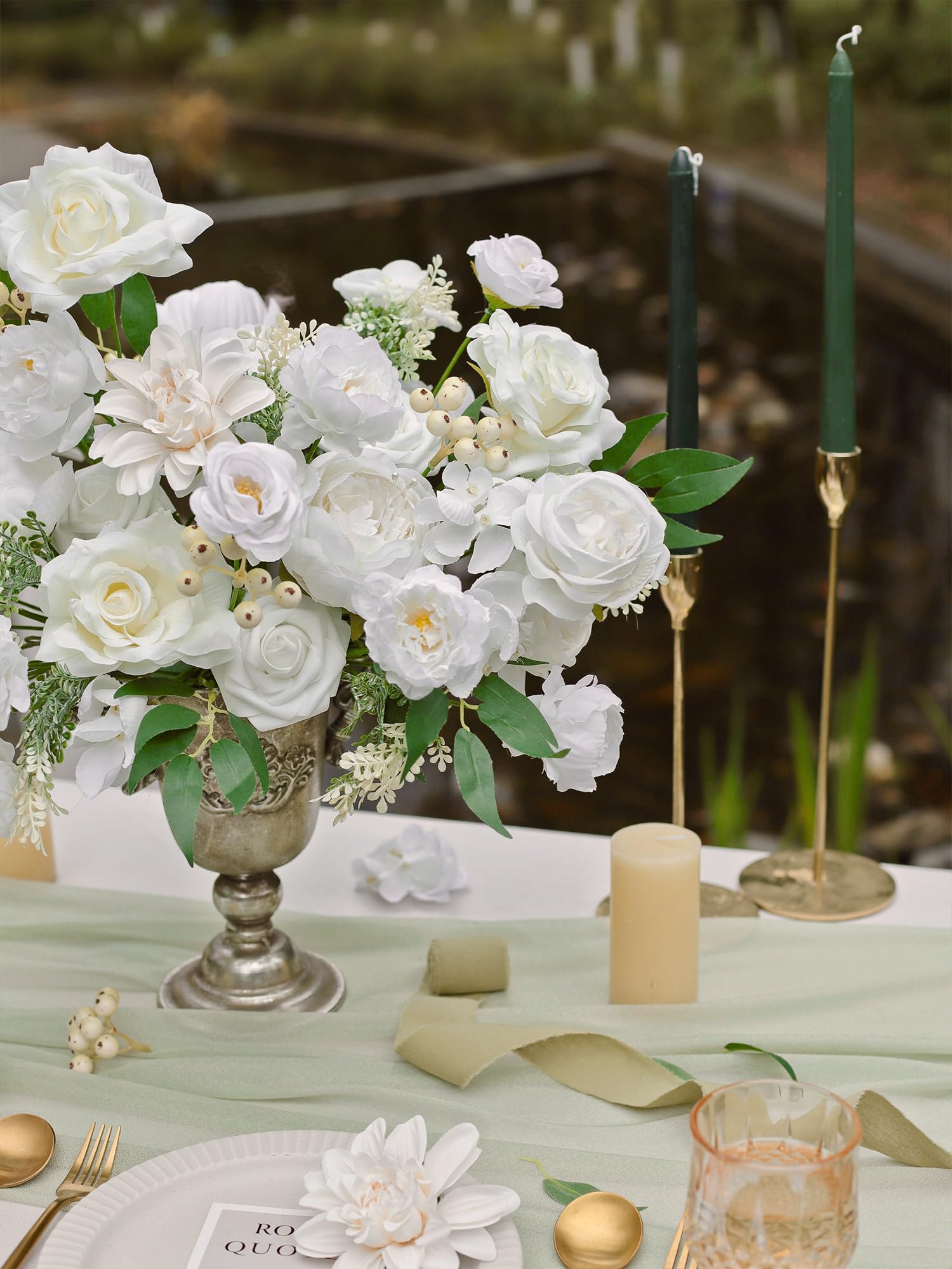 MISSPIN Set Fiori Artificiali Per Bouquet Da Sposa Fai Da Te – 37 Pezzi Tra Peonie, Rose E Ortensie – Bianco Crema Con Foglie Di Eucalipto E Cristalli - 2