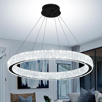 Modern LED Dimmable Crystal Chandelier 31.5" Ring Pendant Light Adjustable Black Round Crystal Chandelier Light Fixtures for Dining Room Living Room
