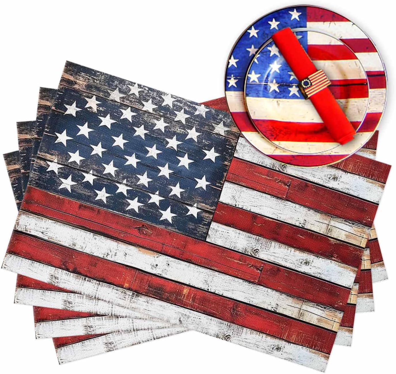 Vintage American Flag 4th of July Placemats Set of 6 13x19 Inch Red White Blue Striped Table Mats Patriotic Memorial Day Independence Day Holiday Kitchen Dining Home Outdoor Party Table Decoration
