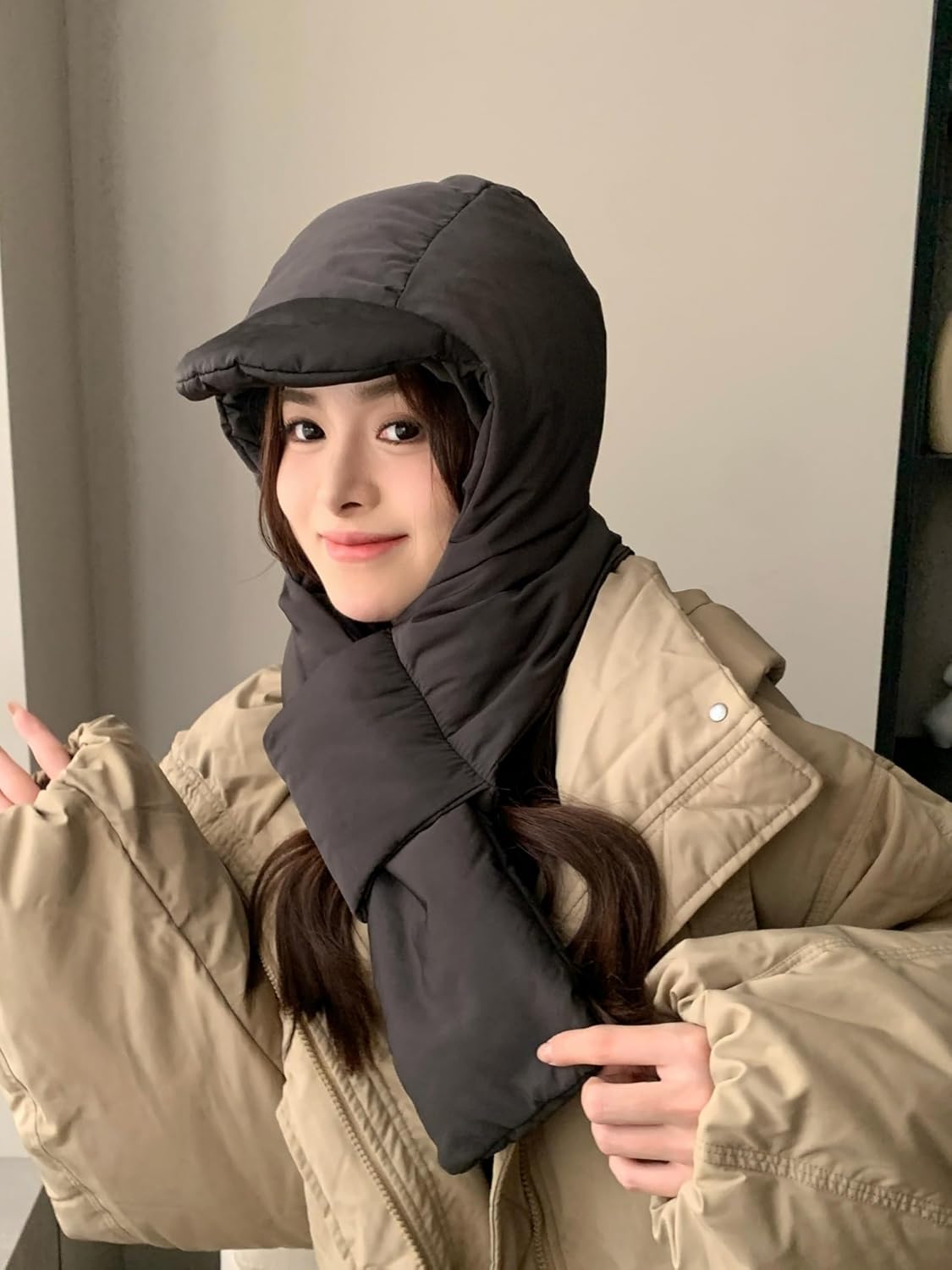 2024 Winter Down Cotton Hat Set - Windproof Hooded Scarf, Soft Warm Balaclava Beanie Cap for Men and Women (Grey, Light Gray, Black)