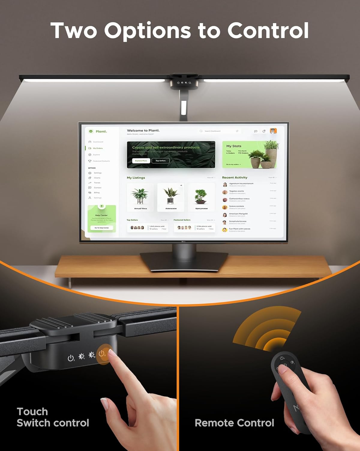 Image showing both the touch switch control on the lamp head and the wireless remote control