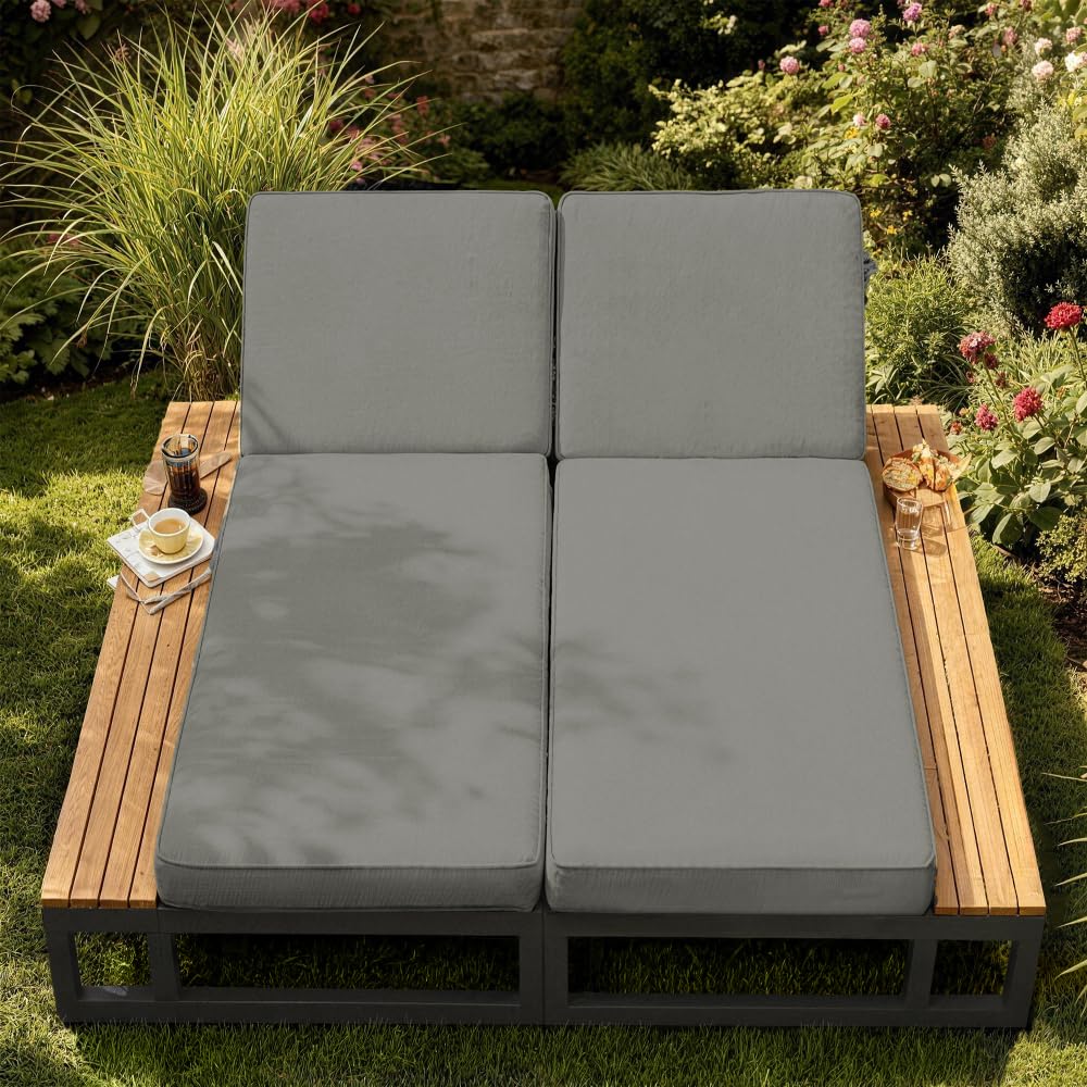 Gray Outdoor Patio Daybed Linke Seite Waterproof Sun Lounger Multifunctional Sofa Bed with Shelves Adjustable Backrest for Terrace Garden Balcony Relax (Gray + Metal+Waterproof Fabric-2)