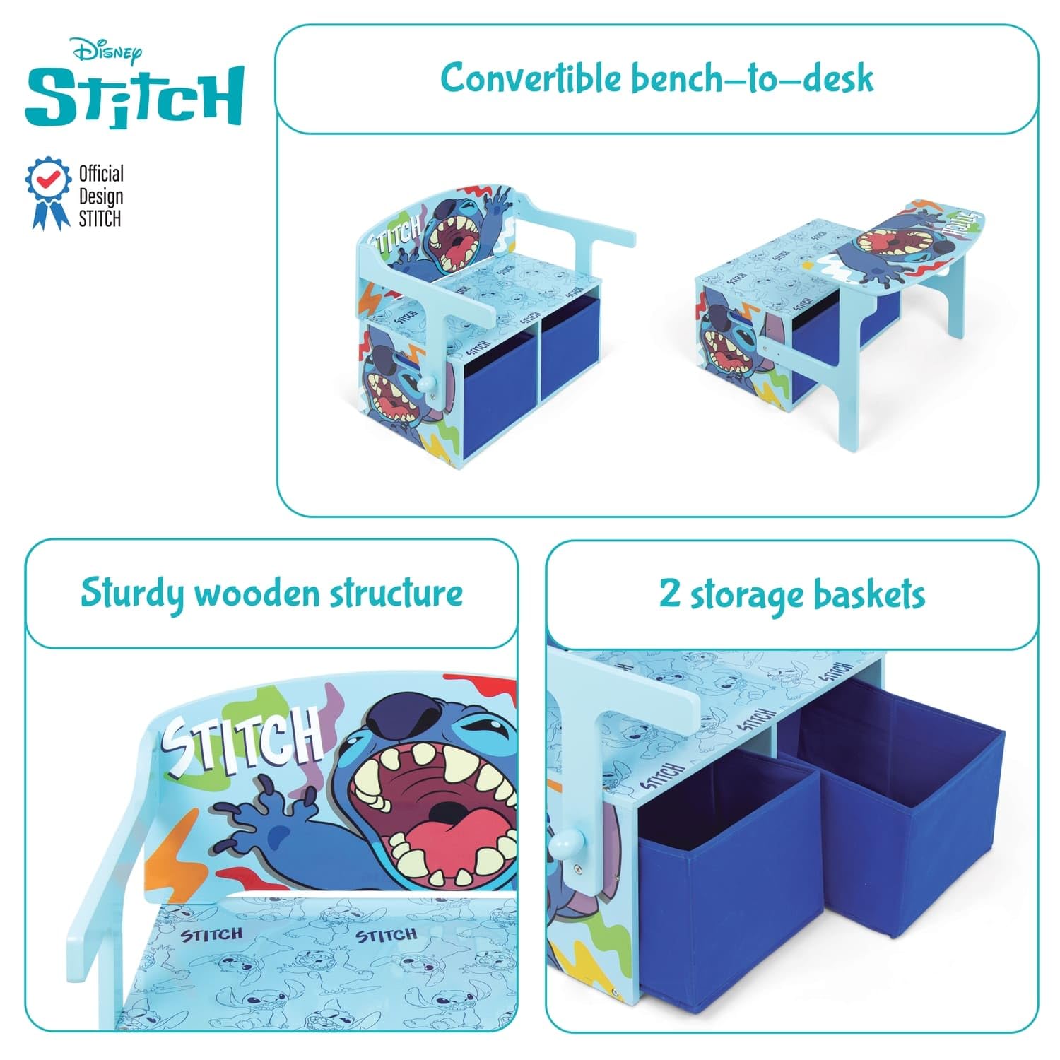 ARDITEX - Banc pupitre en Bois pour Enfants Convertible en Bureau avec Espace de Rangement inférieur Stitch de Disney - 60x47x56cm - Couleur Bleu et Turquoise - Idéal pour Chambre d’Enfant
