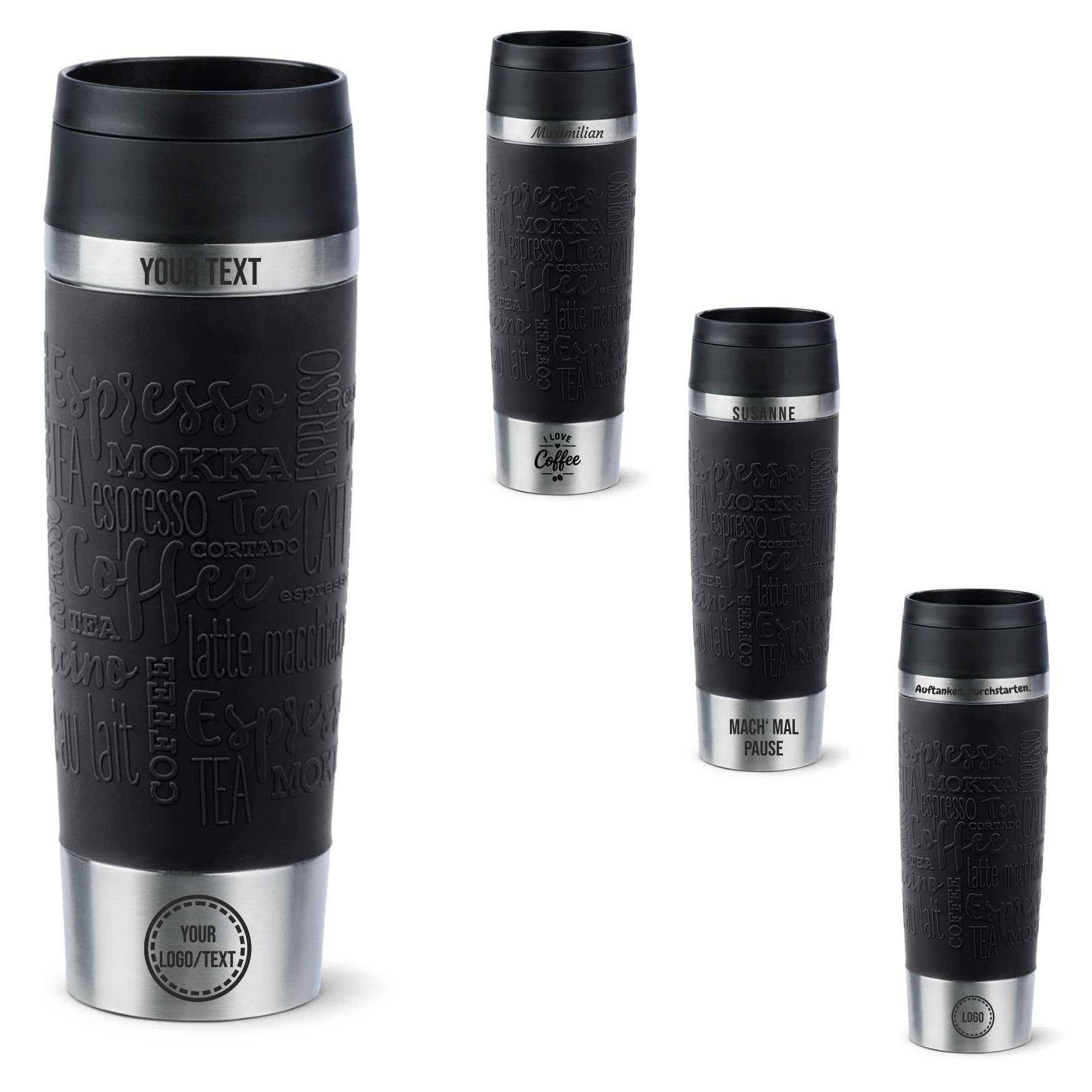 Emsa Taza de viaje con grabado, 500 ml, taza térmica personalizada con nombre o logotipo, taza térmica para café y té para llevar, acero inoxidable, cierre Quick Press, 100% a prueba de fugas (negro)