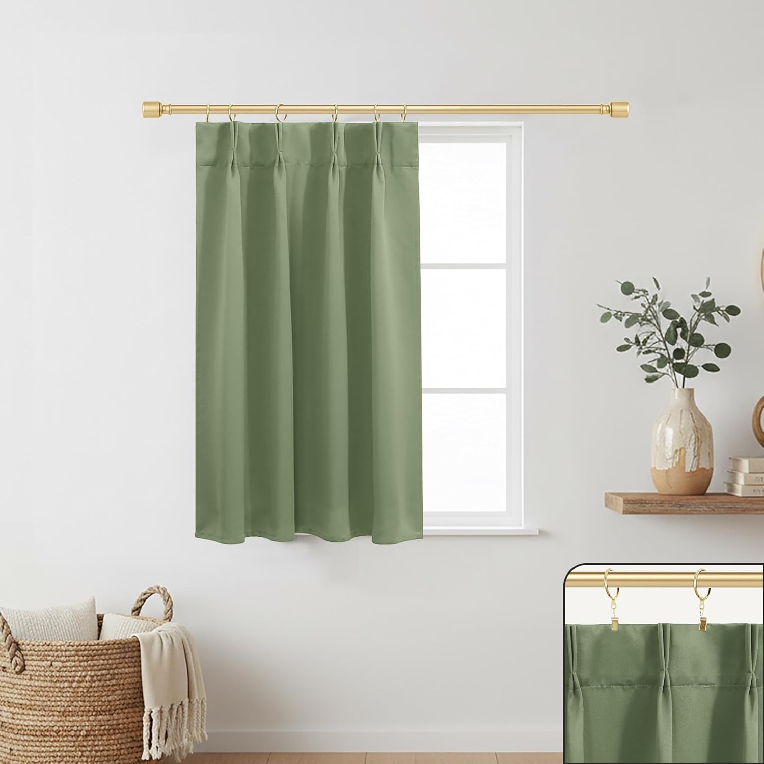 Lino Rosa Short Blackout Curtains 40 Inch Length for Bedroom Windows,Pinch Pleated Black Out Boho Sage Green Curtains for Door Window Bathroom