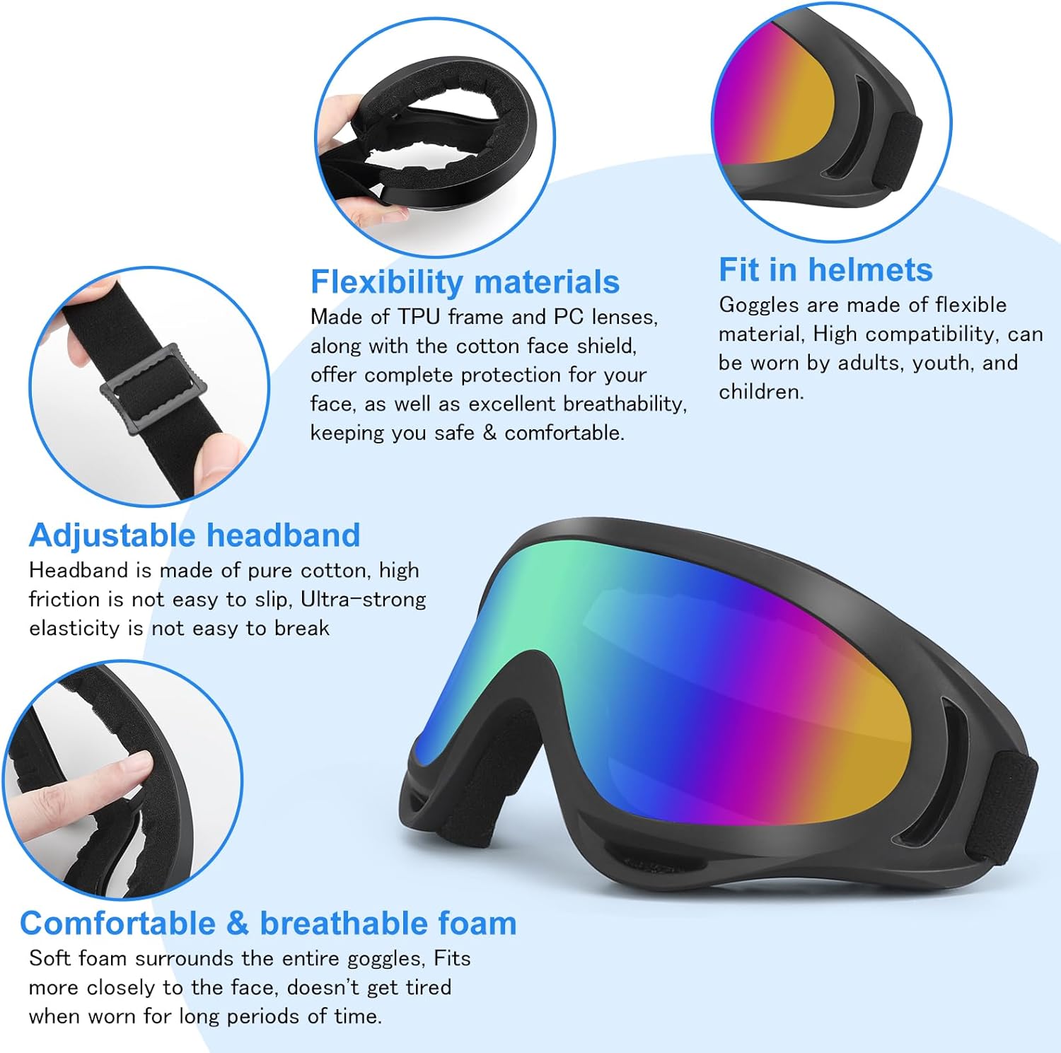 Motorcycle Goggles 3-Pack with Neck Gaiter, ATV Dirt Bike Goggles Motocross Riding Eyewear Bike UTV MTB MX Offroad Windproof Ski Glasses UV400 Anti-Fog Scratch Dustproof for Adult Youth Kids - Image 2