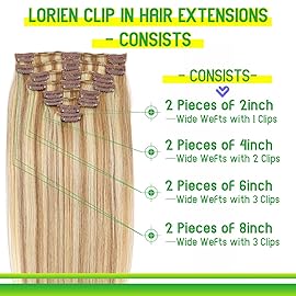 LORIEN Clip in Hair Extensions Real Human Hair, 14 Inch 80g, 18/613 Dark Blonde Highlighted Bleach Blonde, Clip in 100% Brazilian Remy Human Hair Extensions 8pcs Per Set with 18 Clips Double Weft