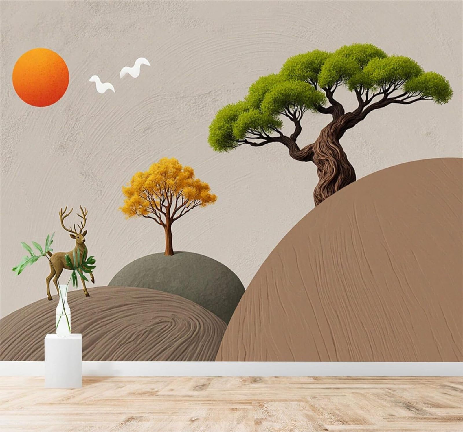 XLMING Minimalist Sunshine Deer Mountain Peaks Trees Landscape 3D Wallpaper Silky Texture Home Study Office Grey Dining Room Sofa Bedroom Living Room TV Backdrop-150cm×105cm