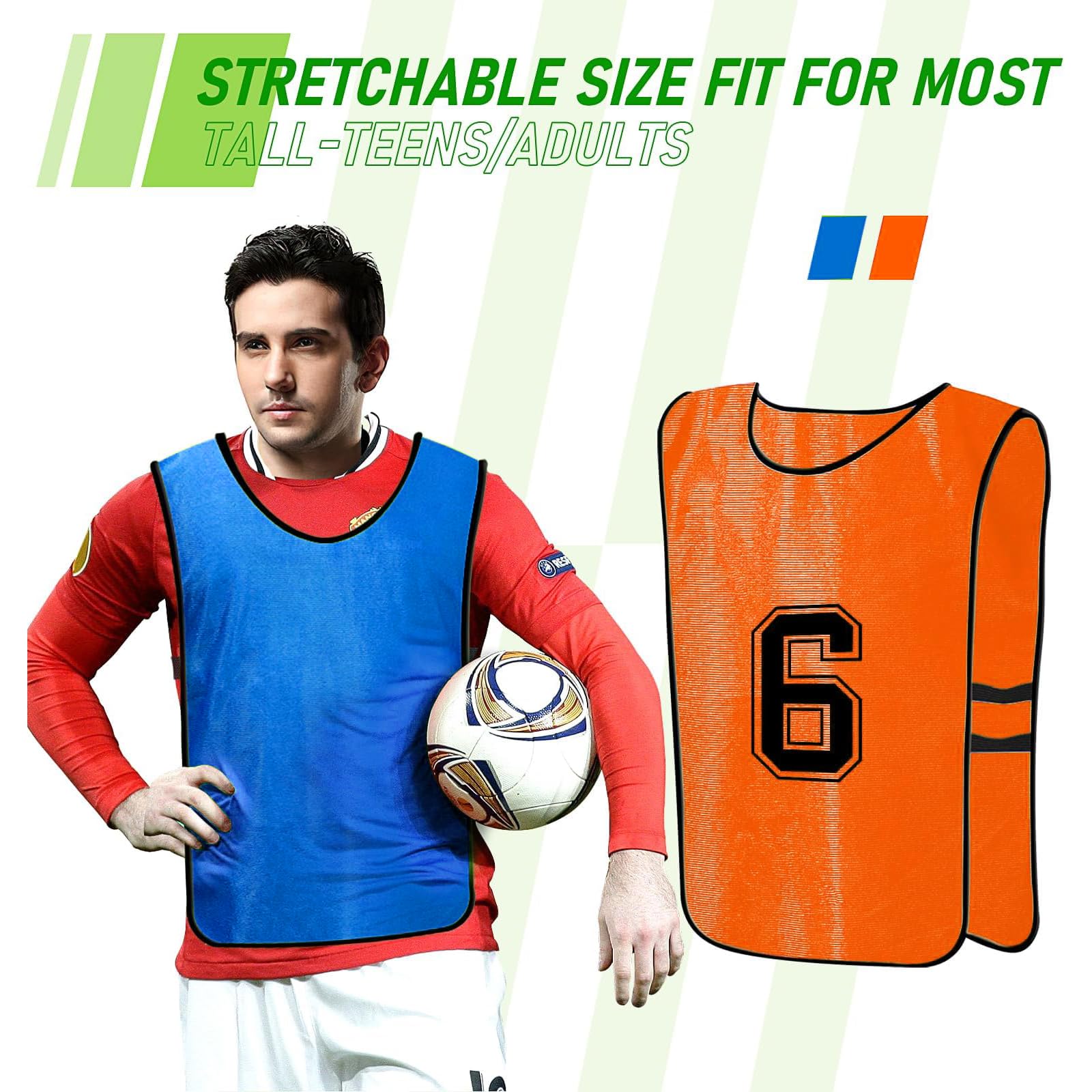 MSYU Lot de 12 gilets de football numérotés, gilet d'entraînement d'équipe à séchage rapide pour adultes et jeunes – 2 couleurs, Orange/bleu foncé, XL